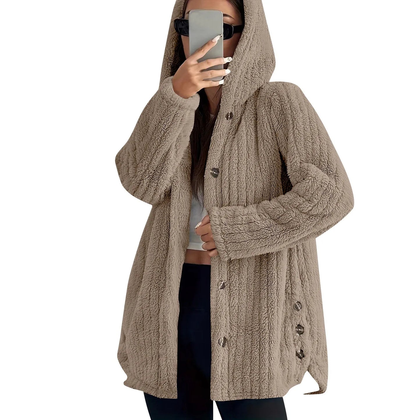 Button Hooded Jacket Plush Top Irregular Trendy Brand Solid Color Jacket For Women Feather Coats Parkas Women'S Coat Winter Jack
