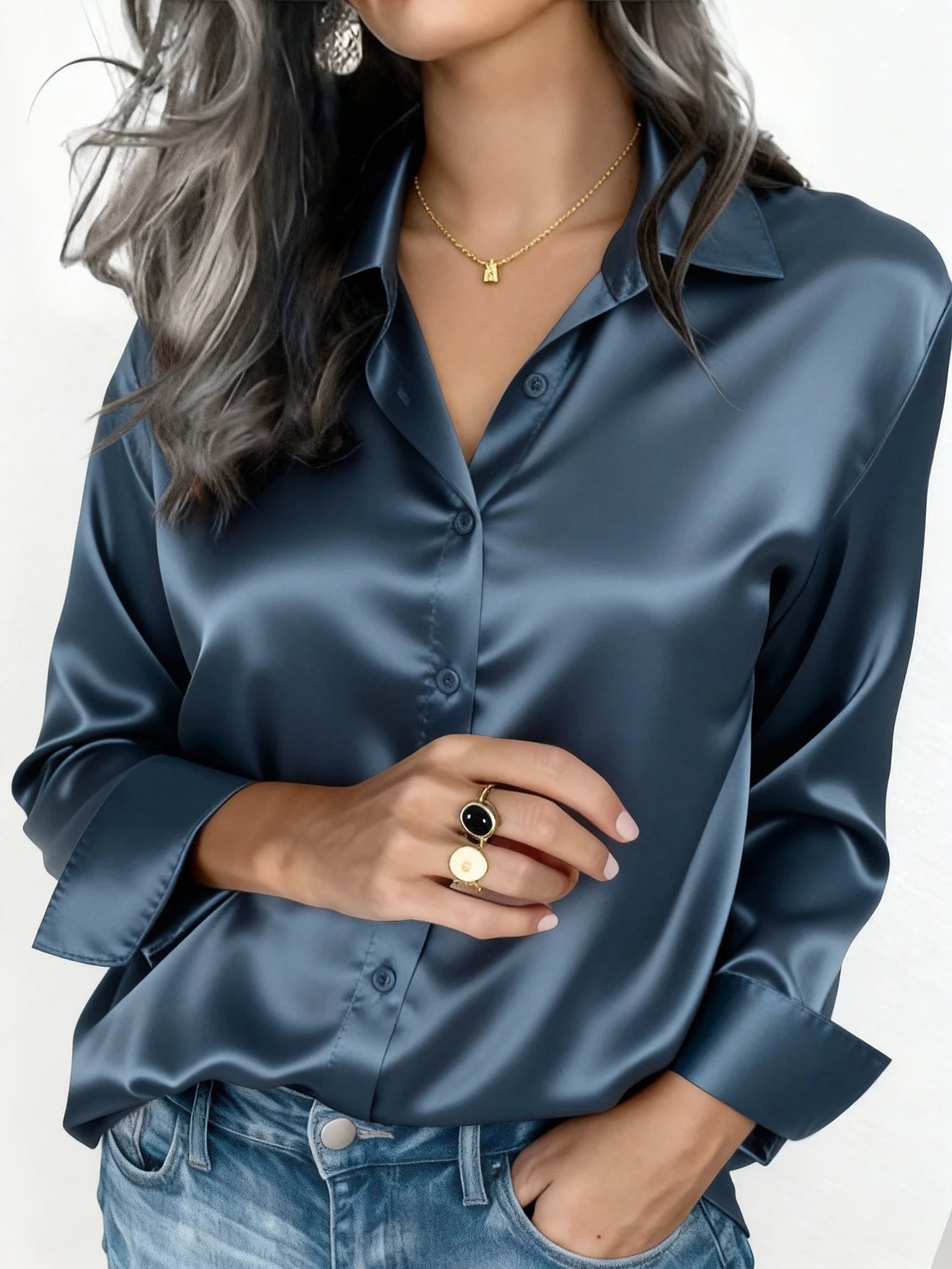 Women's Satin Button-Up Blouse, Elegant Collared Shirt for Office or Casual Wear, Autumn Winter Spring