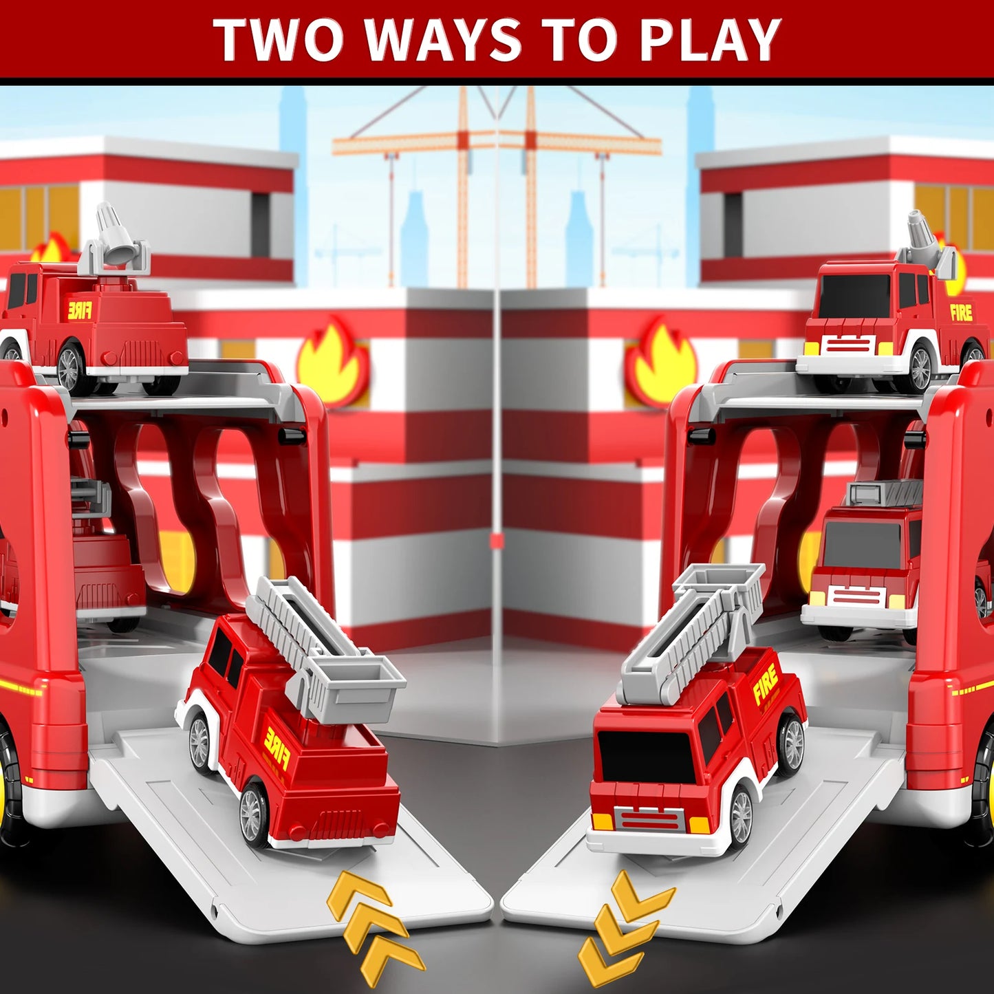 5 In 1 Fire Car Trucks Toddler Toys For Boys Age 1-5 Red Carrier Fire Truck With Light And Sound Mini Helicopter Crane Cars Sets