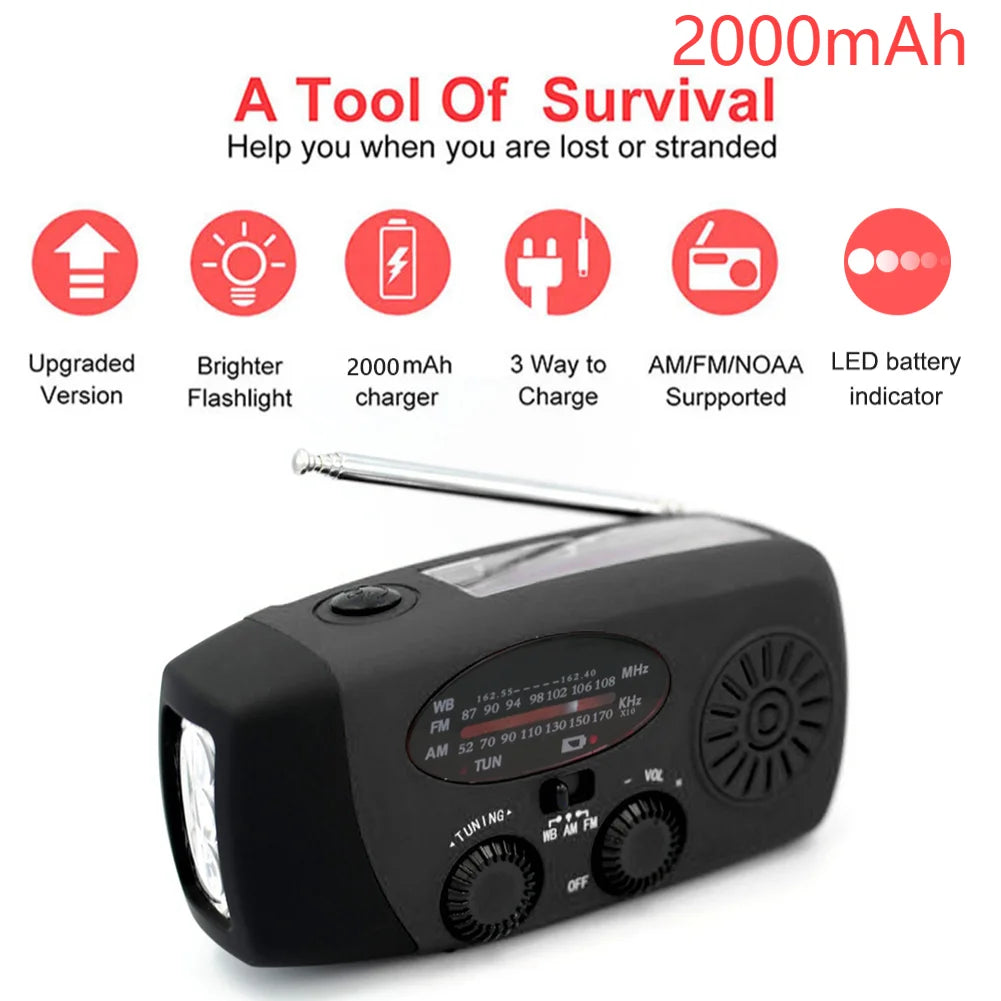 12000mAh Small Portable Radio Solar Panels Emergency Radio Survival with crank Multifunction rechargeable Flashlight Power Bank