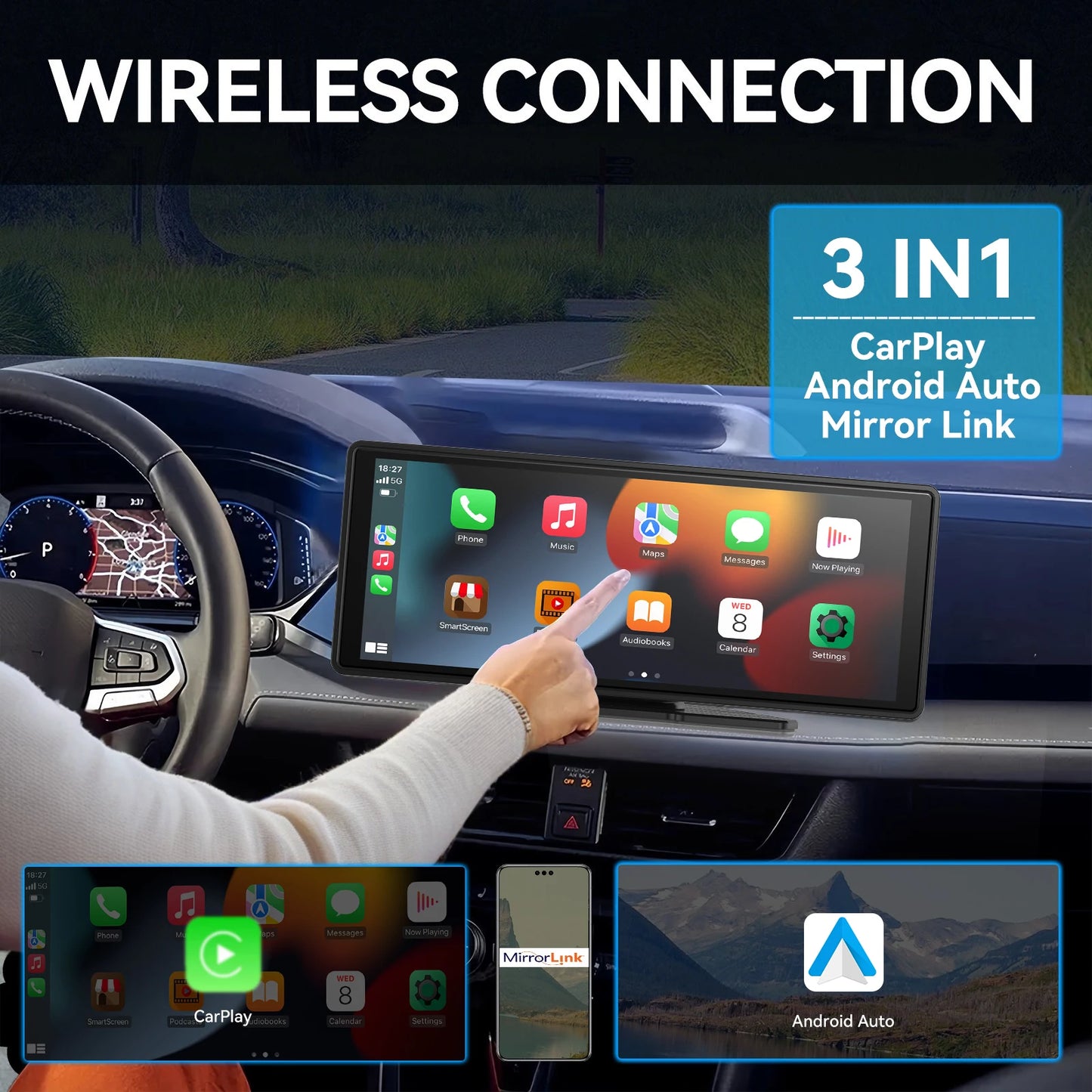 Pionray 10.26 inch Portable 4K Car DVR Wireless Carplay & Android Auto GPS Navigation Video Recorder Dashboard Dual Lens Wifi FM