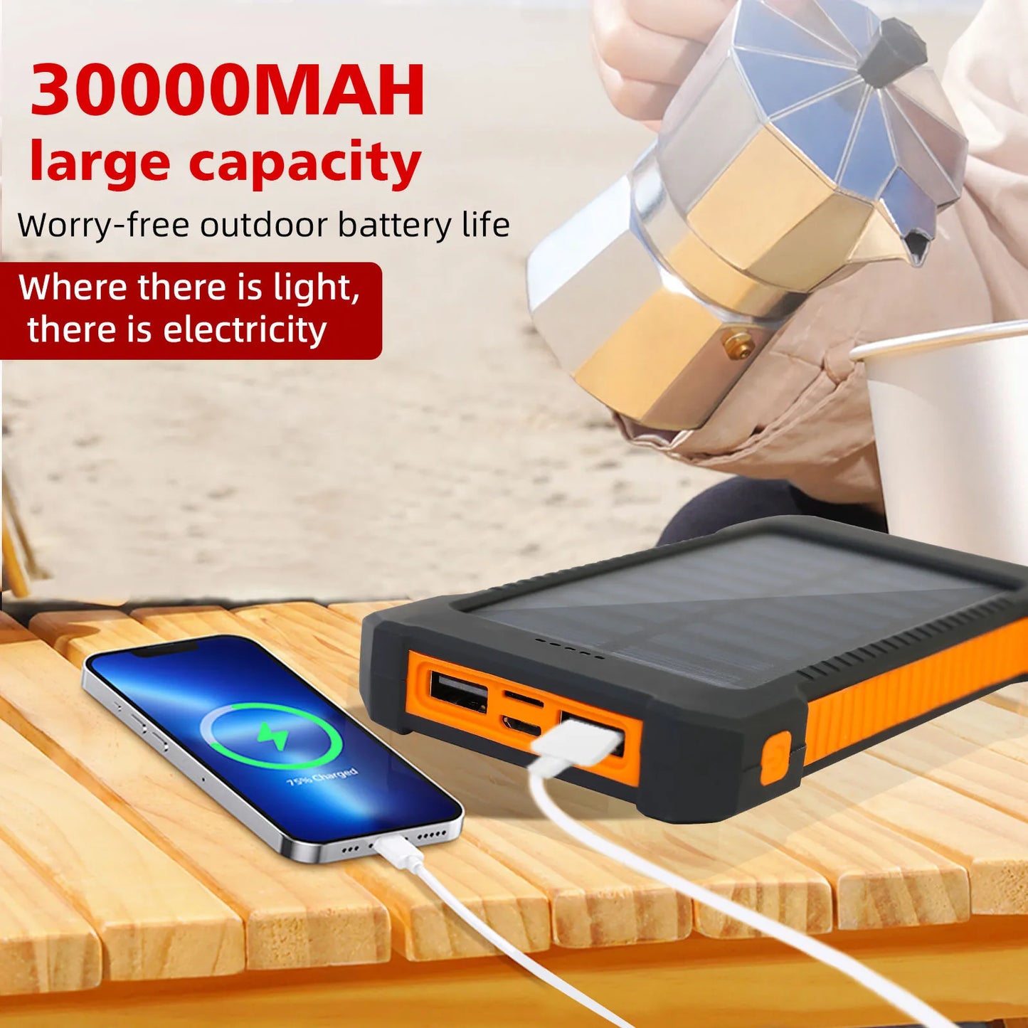 26800mAh Solar Power Bank Wireless Fast Charging 4 Wires PD18W Portable Waterproof with Flashlight For Outdoor iPhone Android