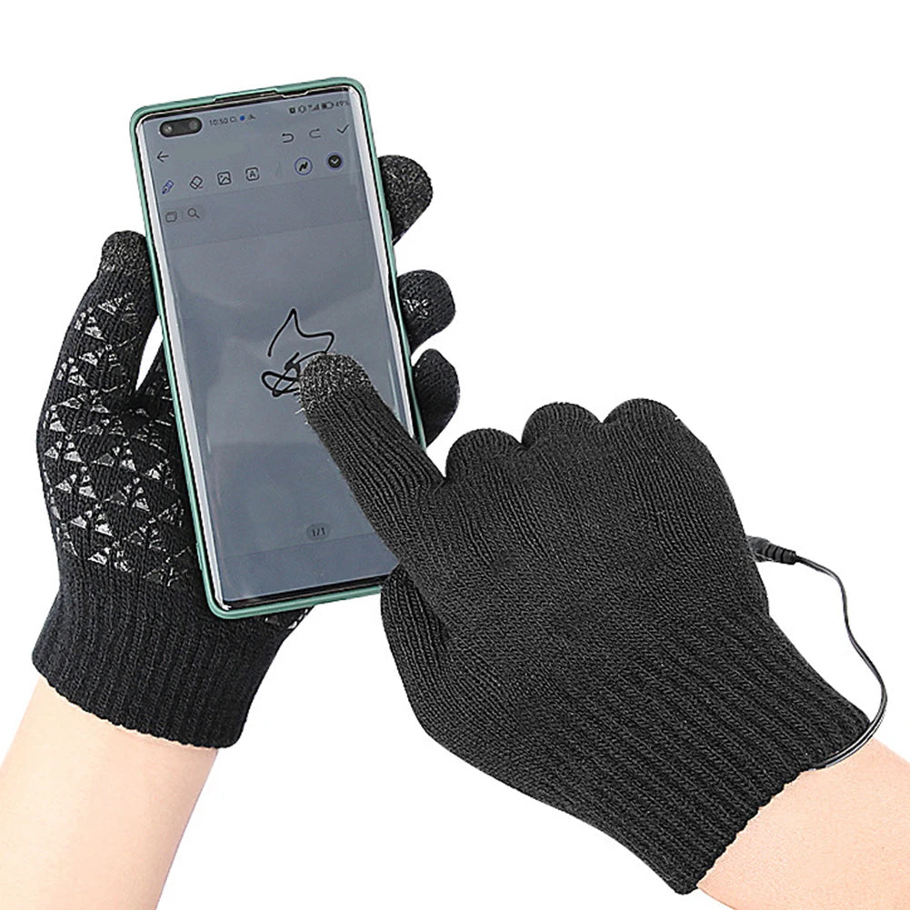 USB Heated Knitted Gloves Full Finger Gloves Non-Slip Touch Screen Gloves Thicken Thermal Knitting Mitts for Outdoor Sports