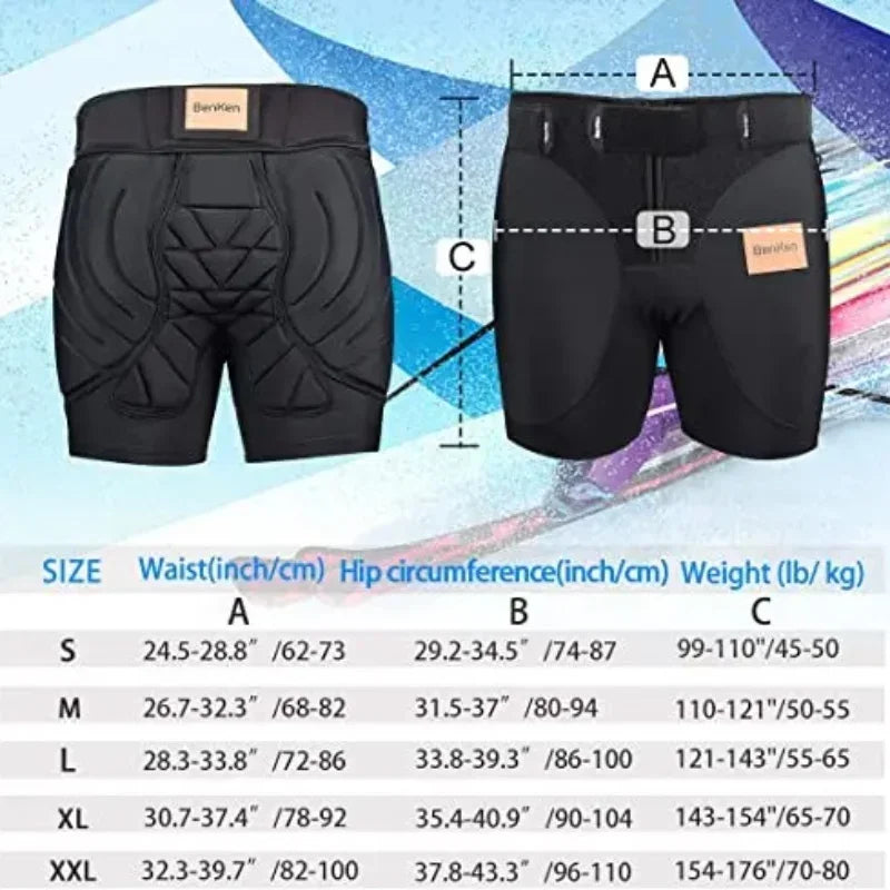 BenKen Skating Ski Butt Pads Snowboarding Impact Shorts Hip Protector for Men Women Protective Tailbone Padded Short Pants