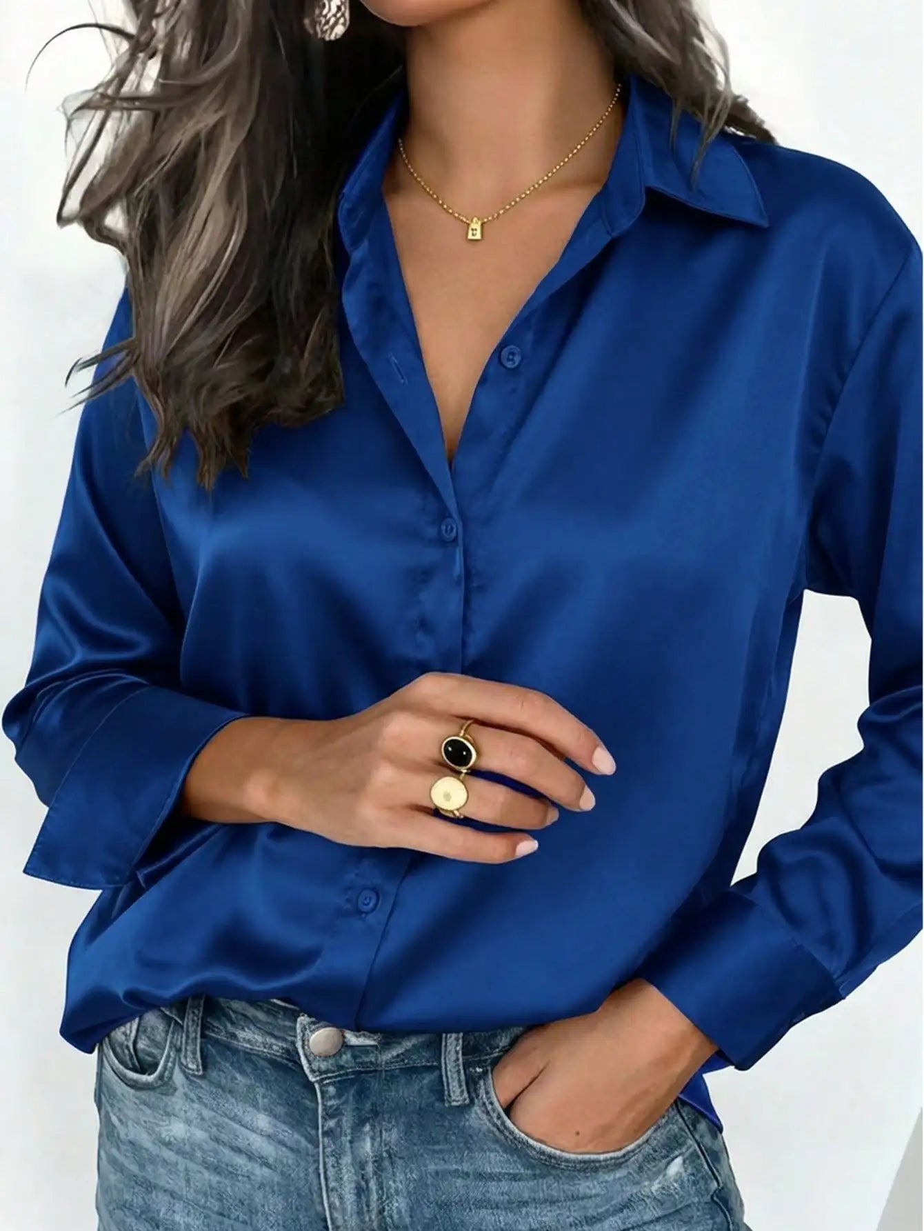 Women's Satin Button-Up Blouse, Elegant Collared Shirt for Office or Casual Wear, Autumn Winter Spring