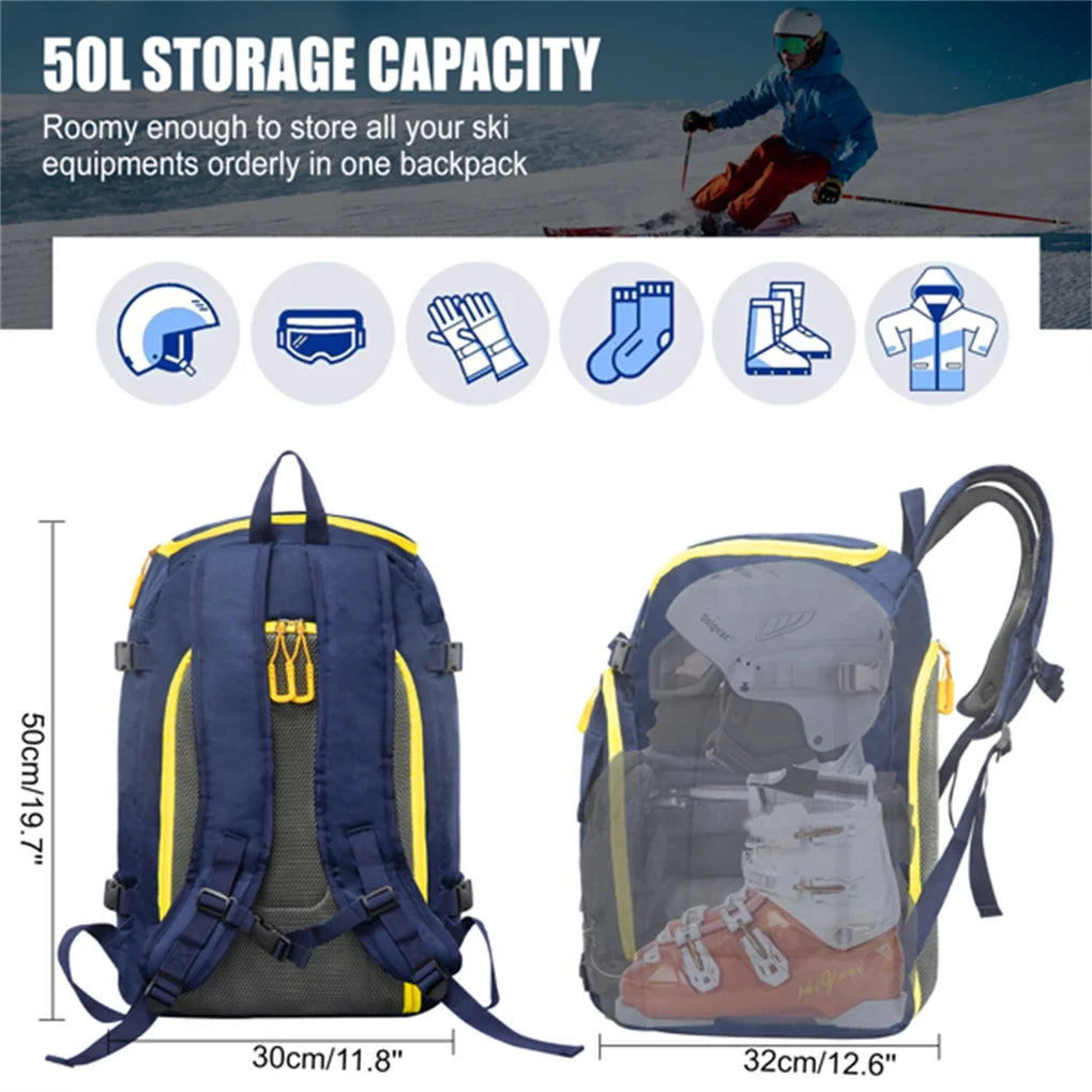 50L Blue Travel Ski Backpack for Ski Helmets, Goggles, Gloves, Skis & Other Accessories