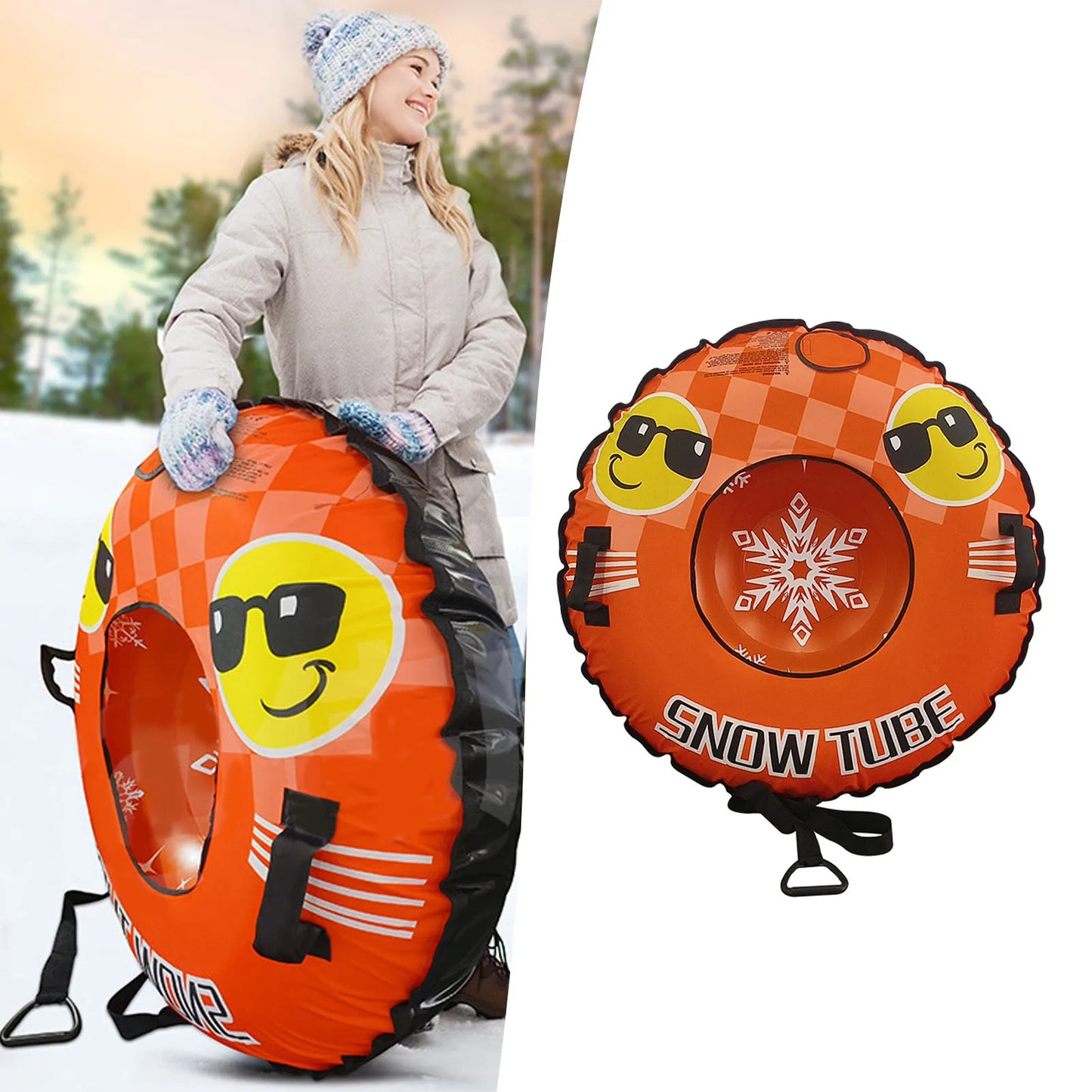 Inflatable Snow Sled 43.3 Inch Snow Tube PVC Cold Proof Ski Ring Winter Toy with 2 Handles and Towable Strap for Outdoor Sleddin