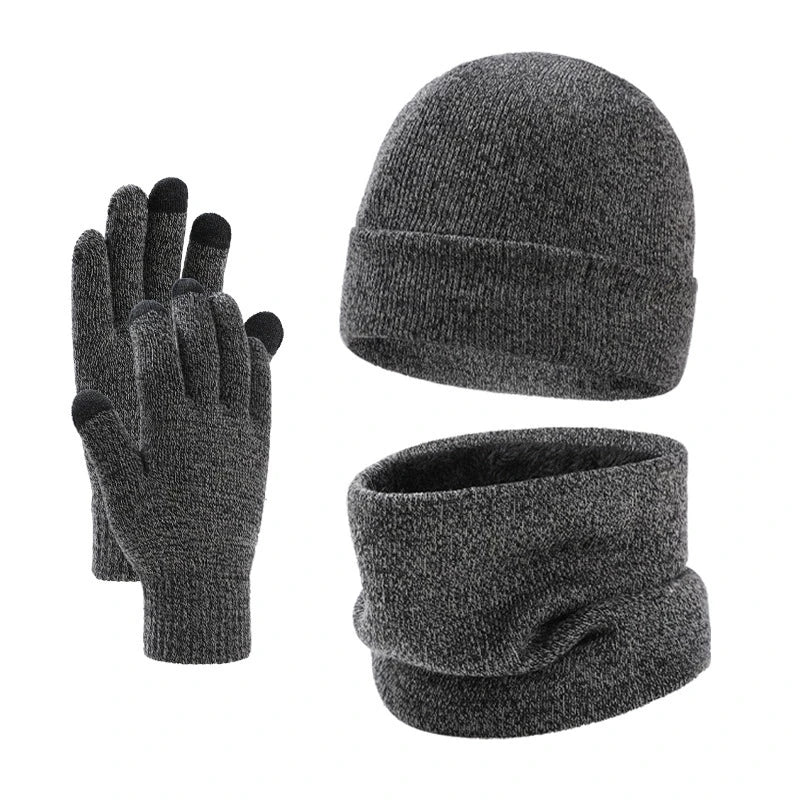 Autumn Winter Outdoor Warm Brushed Men's Beanie Hat Scarf Gloves 3 Pieces Set Windproof Knit Ring Muffler Hats and Caps for Men
