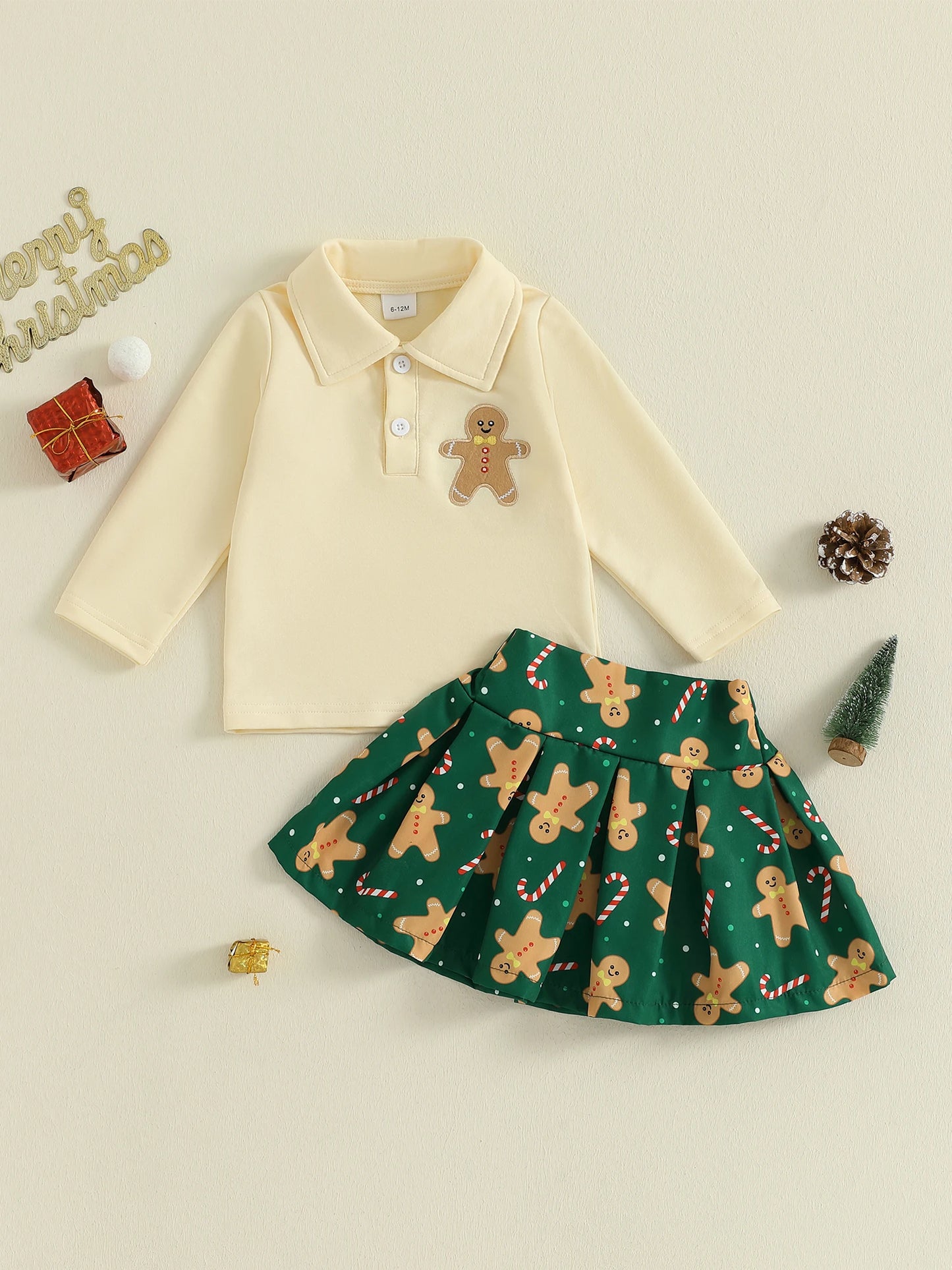 Girls Christmas Outfit with Lapel Long Sleeves Sweatshirt and Gingerbread Man Print Skirt - 2 Piece Set for Kids