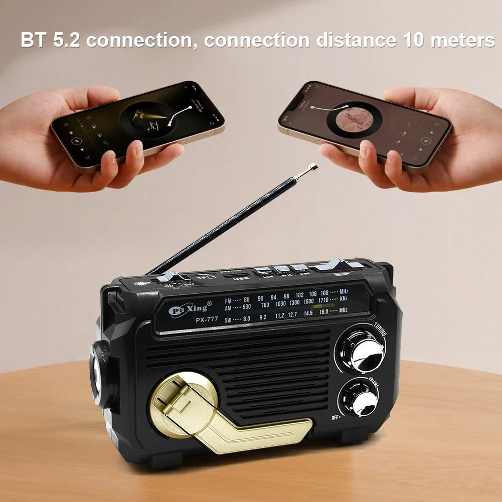 PX-777 Multi-function SW AM FM Radio Hand Crank Emergency Solar Radio BT5.2 Wireless Speaker 1200mAh Rechargeable Portable Radio