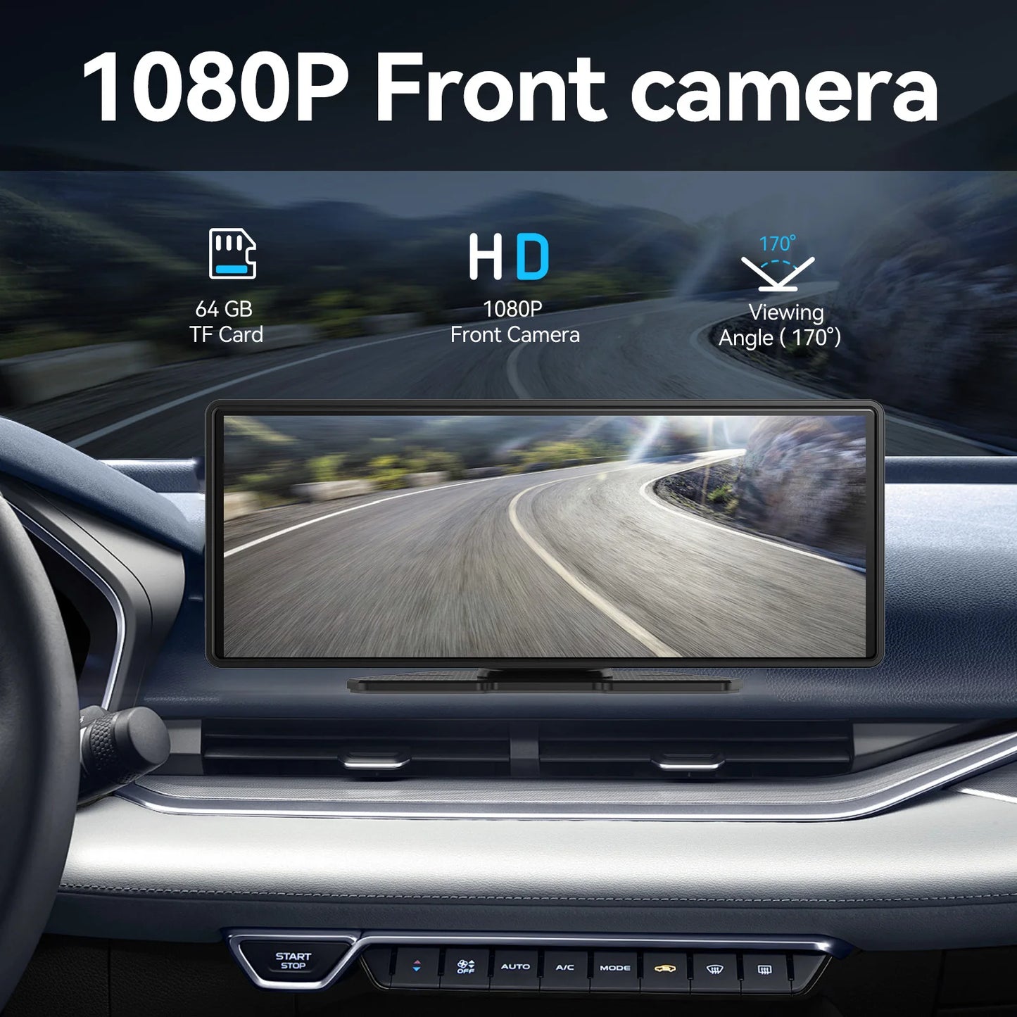 Pionray 10.26 inch Portable 4K Car DVR Wireless Carplay & Android Auto GPS Navigation Video Recorder Dashboard Dual Lens Wifi FM