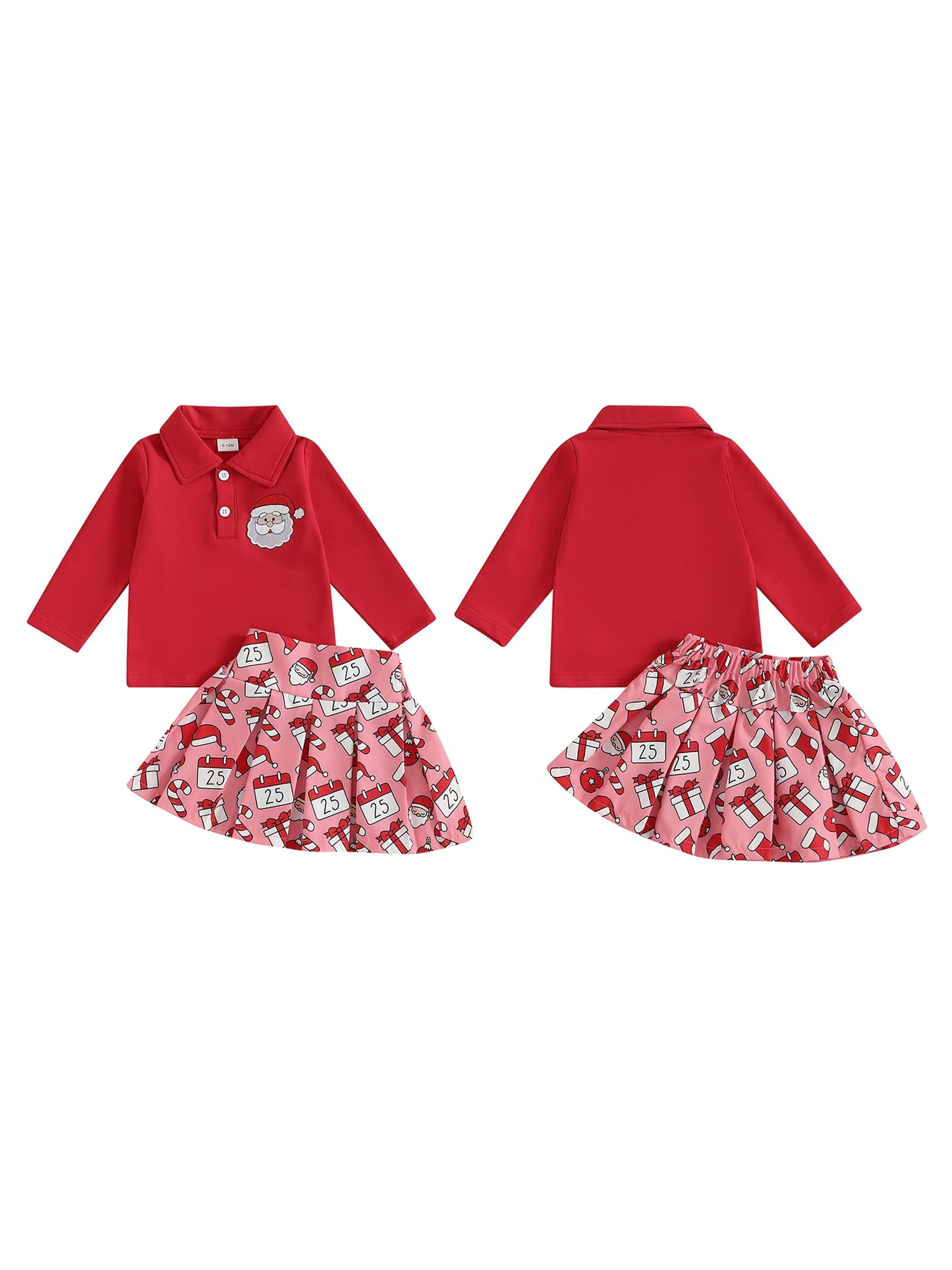 Girls Christmas Outfit with Lapel Long Sleeves Sweatshirt and Gingerbread Man Print Skirt - 2 Piece Set for Kids