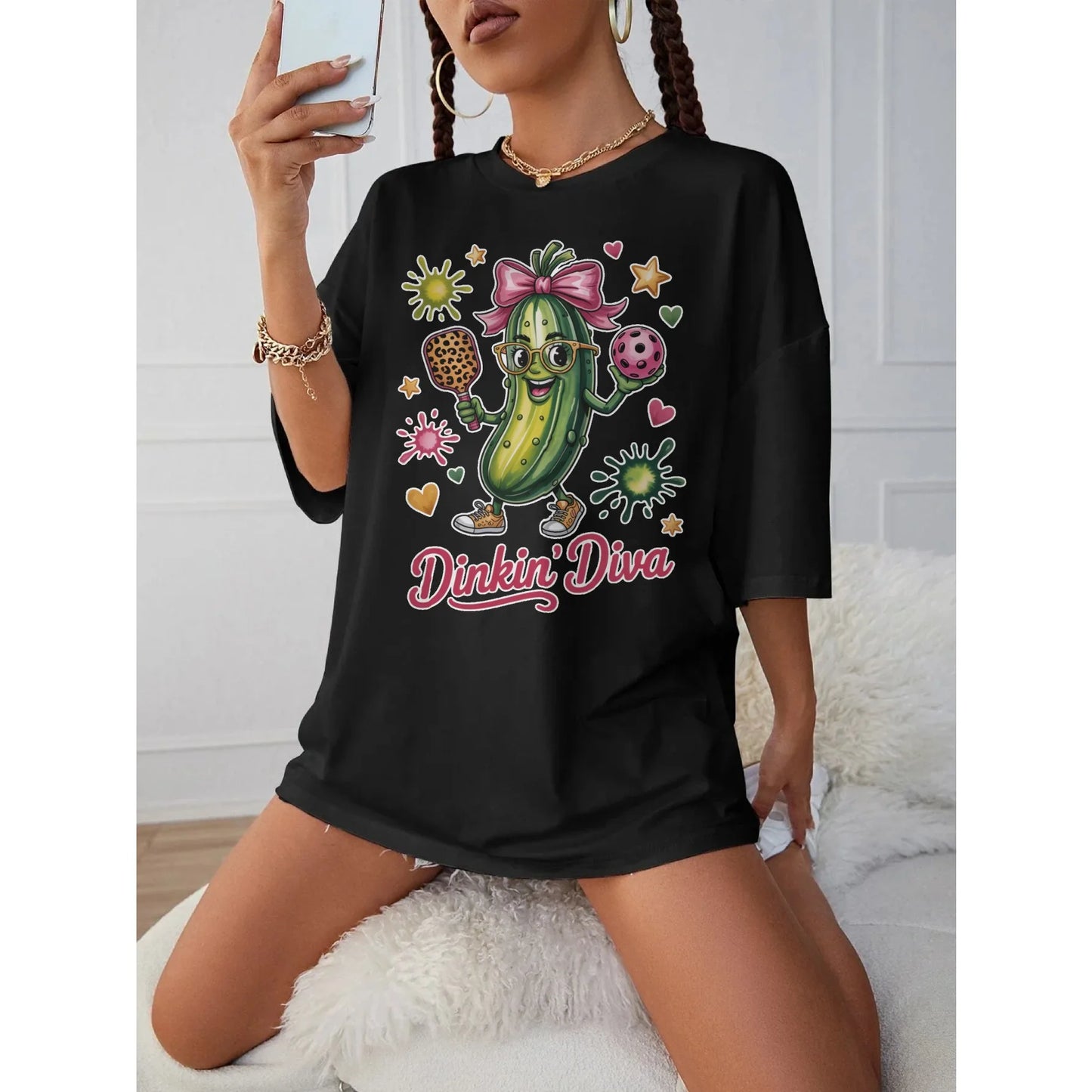 Pickleball Diva Pink Black Women's Maternity T-Shirt Round Neck Loose Fit Comfortable for Late Pregnancy Winter Wear