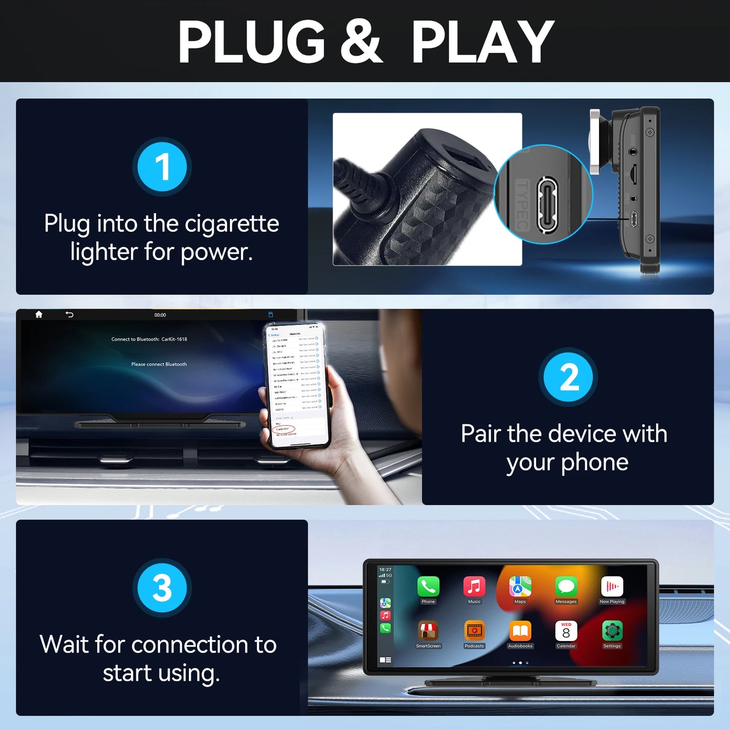 Pionray 10.26 inch Portable 4K Car DVR Wireless Carplay & Android Auto GPS Navigation Video Recorder Dashboard Dual Lens Wifi FM