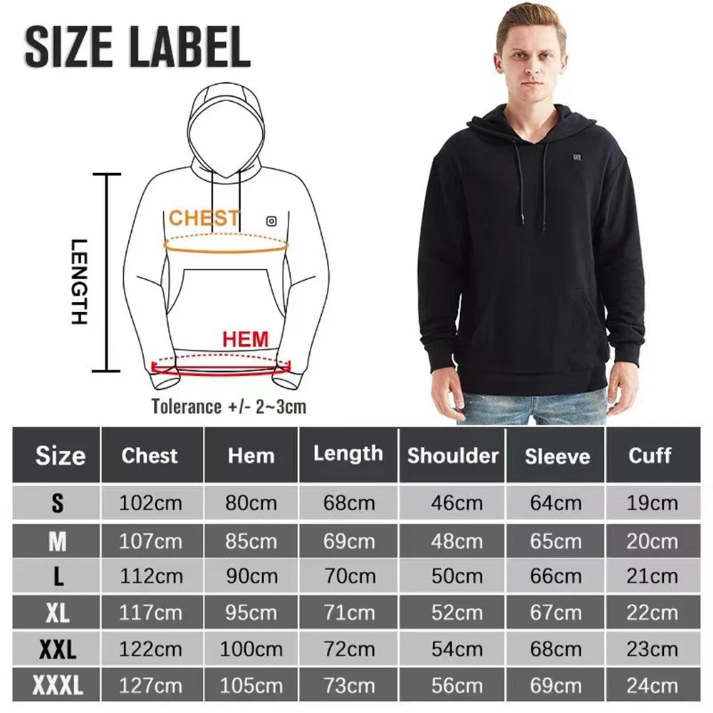 Men Women USB Heating Hoodies USB Rechargeable Long Sleeve Streetwear Loose Coats 3 Heat Levels for Camping Outdoor Work Fishing