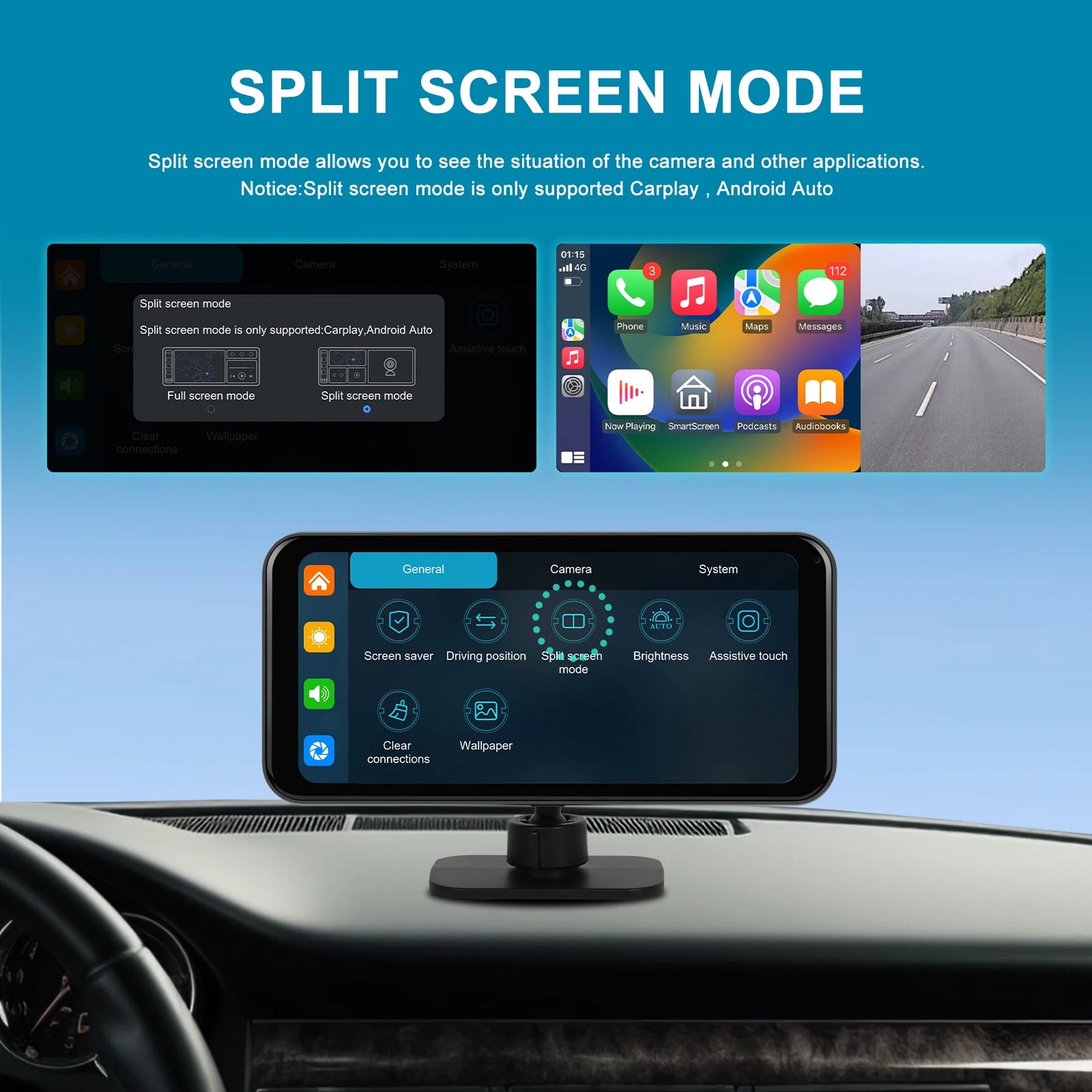 Podofo 6.25 inch Wireless CarPlay Android Auto Support Rear Camera  GPS Navigation Dashboard DVR 4K Bluetooth FM AUX