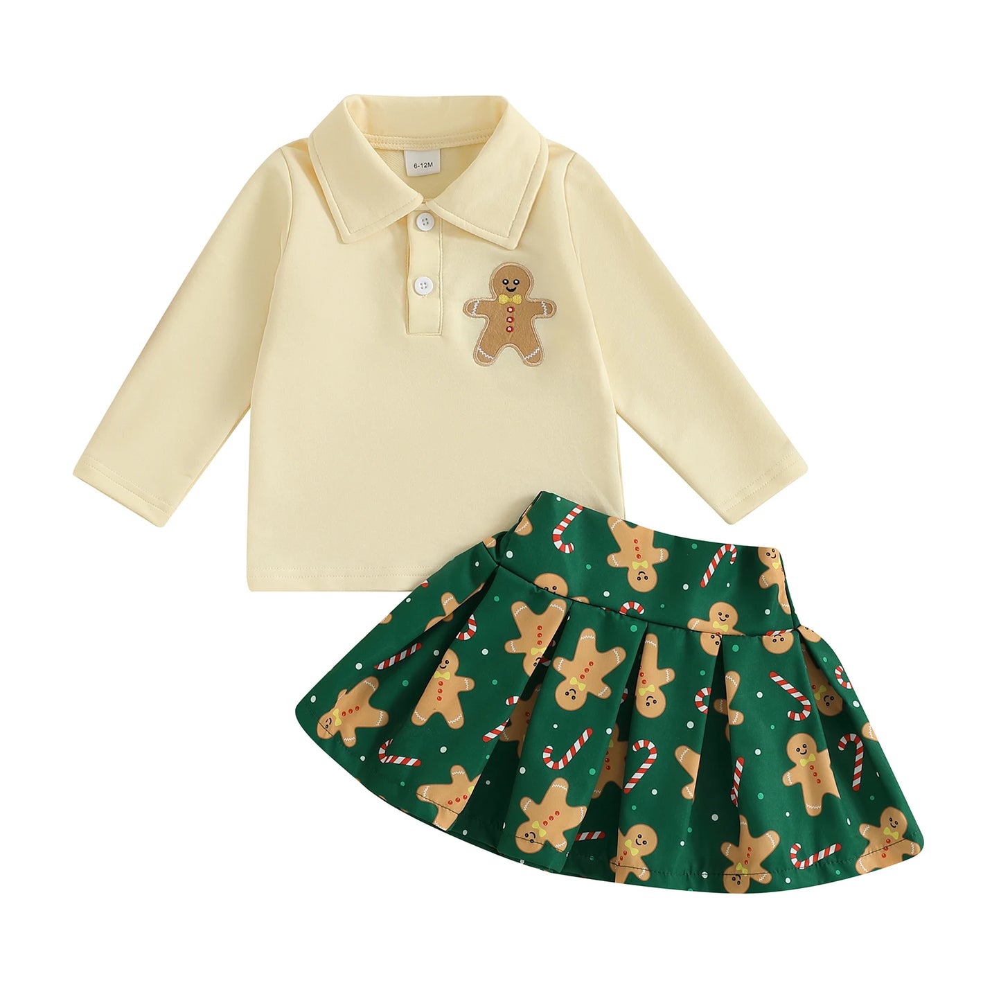 Girls Christmas Outfit with Lapel Long Sleeves Sweatshirt and Gingerbread Man Print Skirt - 2 Piece Set for Kids