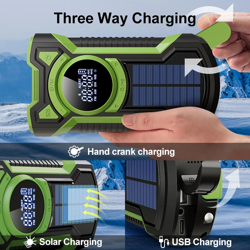 Solar AM/FM/NOAA Weather Radio Waterproof Hand Crank 5000mAh Bluetooth-Compatible5.3 Phone Charger SOS Alarm for Outdoor Camping