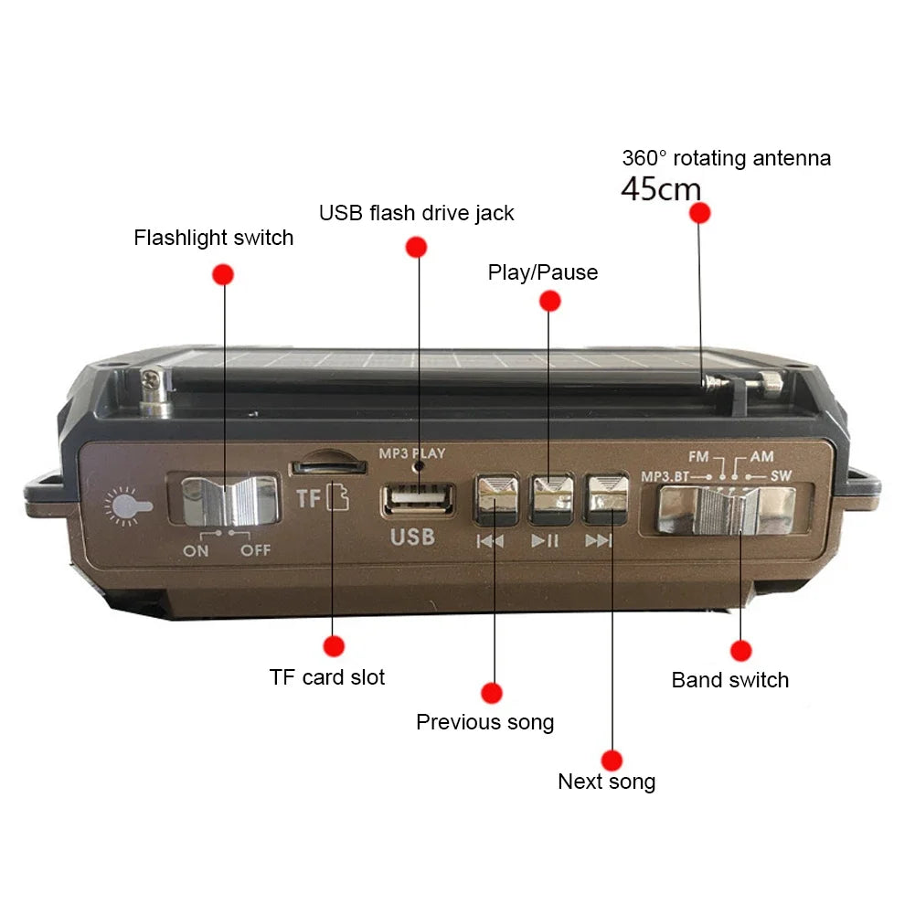 PX-777 Multi-function SW AM FM Radio Hand Crank Emergency Solar Radio BT5.2 Wireless Speaker 1200mAh Rechargeable Portable Radio