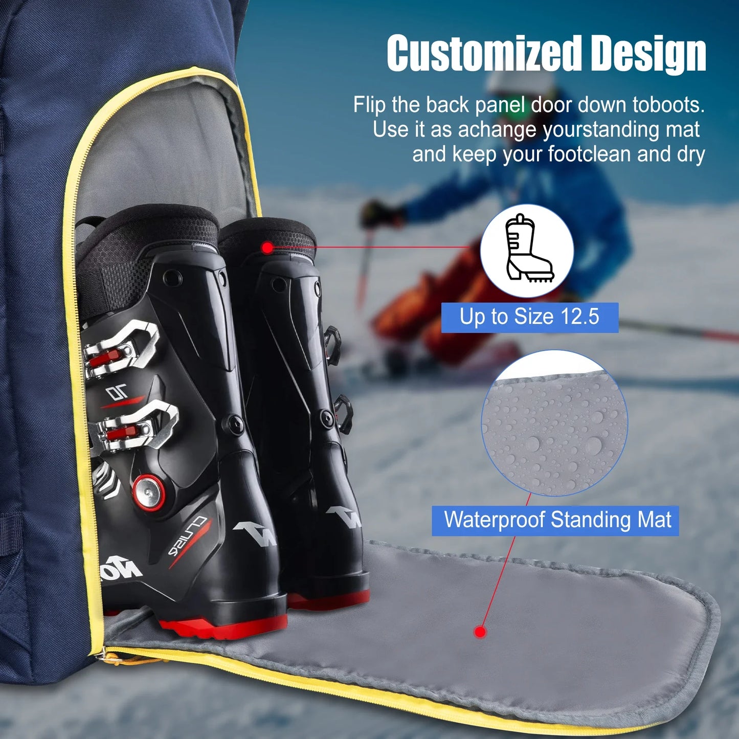 50L Blue Travel Ski Backpack for ski helmets, goggles, gloves, skis & other accessories