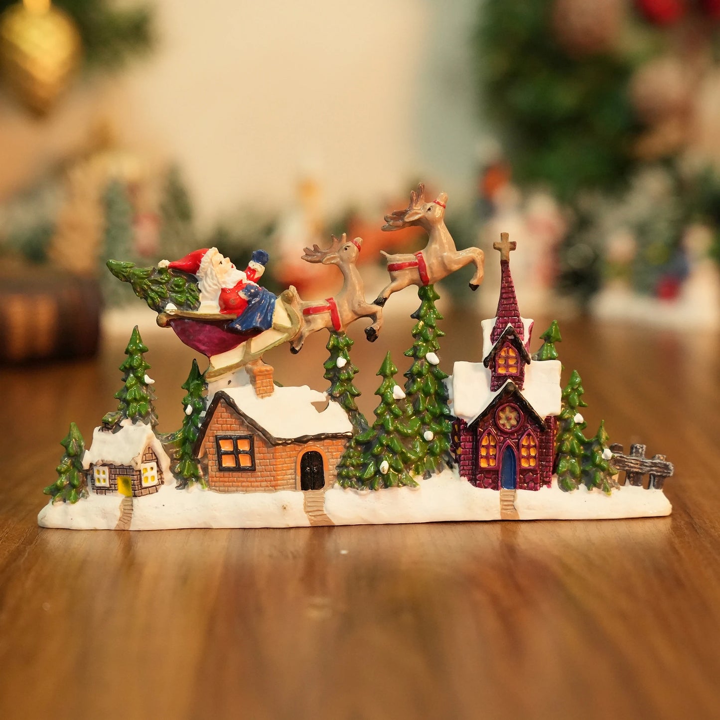 Christmas Santa Sleigh and Reindeer Snowy Village Scene Ornament Festive Micro Landscape Decoration for Home Tabletop Display