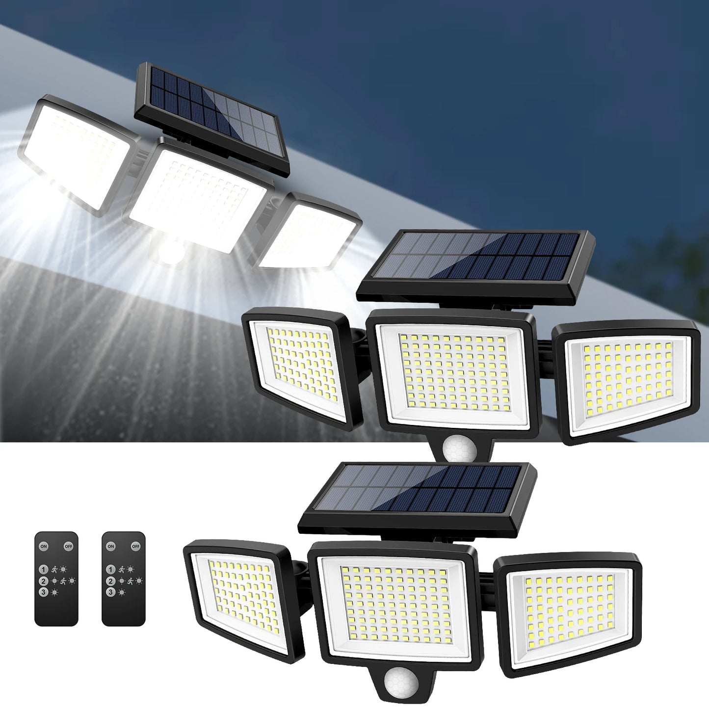 Three-Head Outdoor Waterproof Solar Light with 200+ LEDs and Motion Sensor Security Light for Porches, Garages, Yard Entrances,