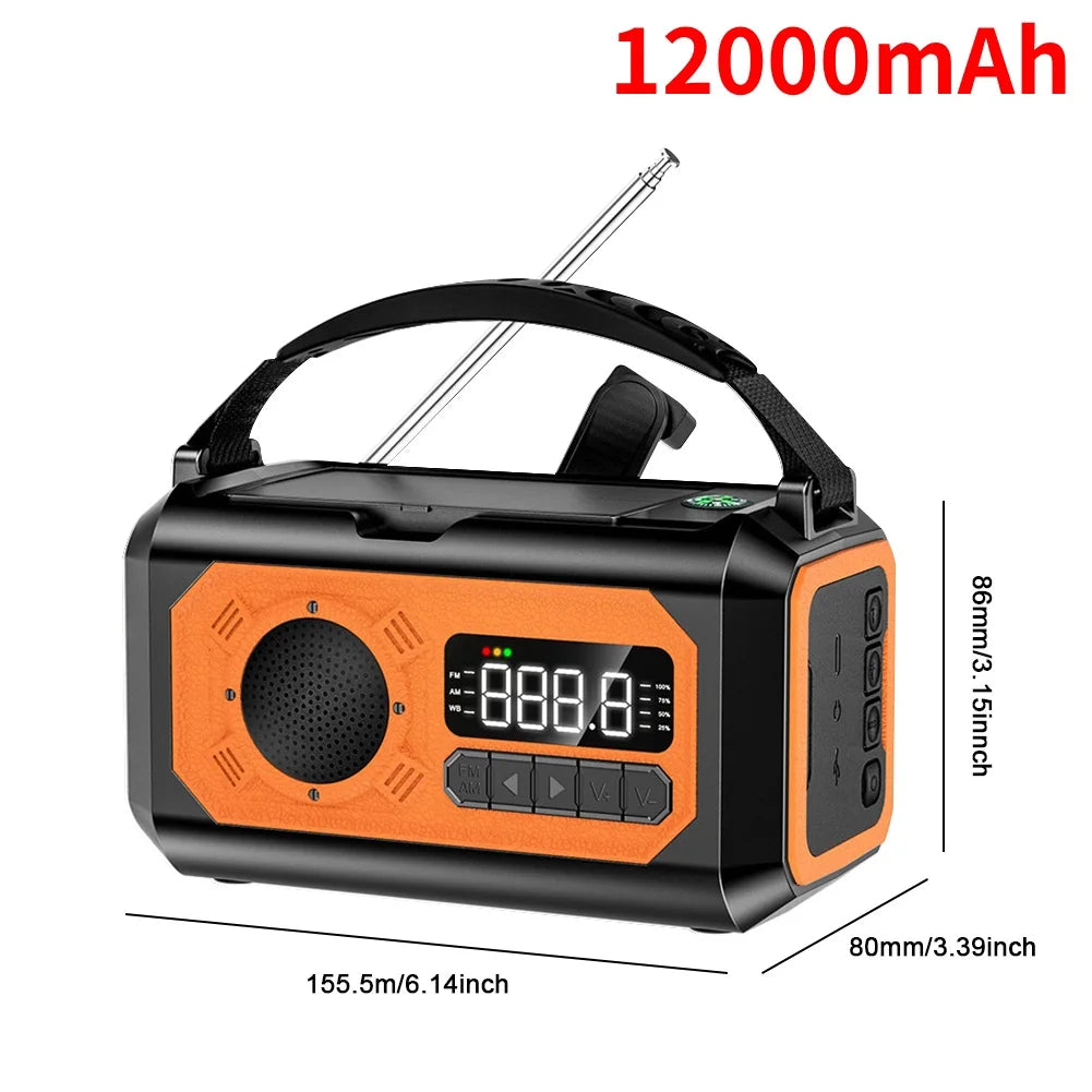12000mAh Small Portable Radio Solar Panels Emergency Radio Survival with crank Multifunction rechargeable Flashlight Power Bank