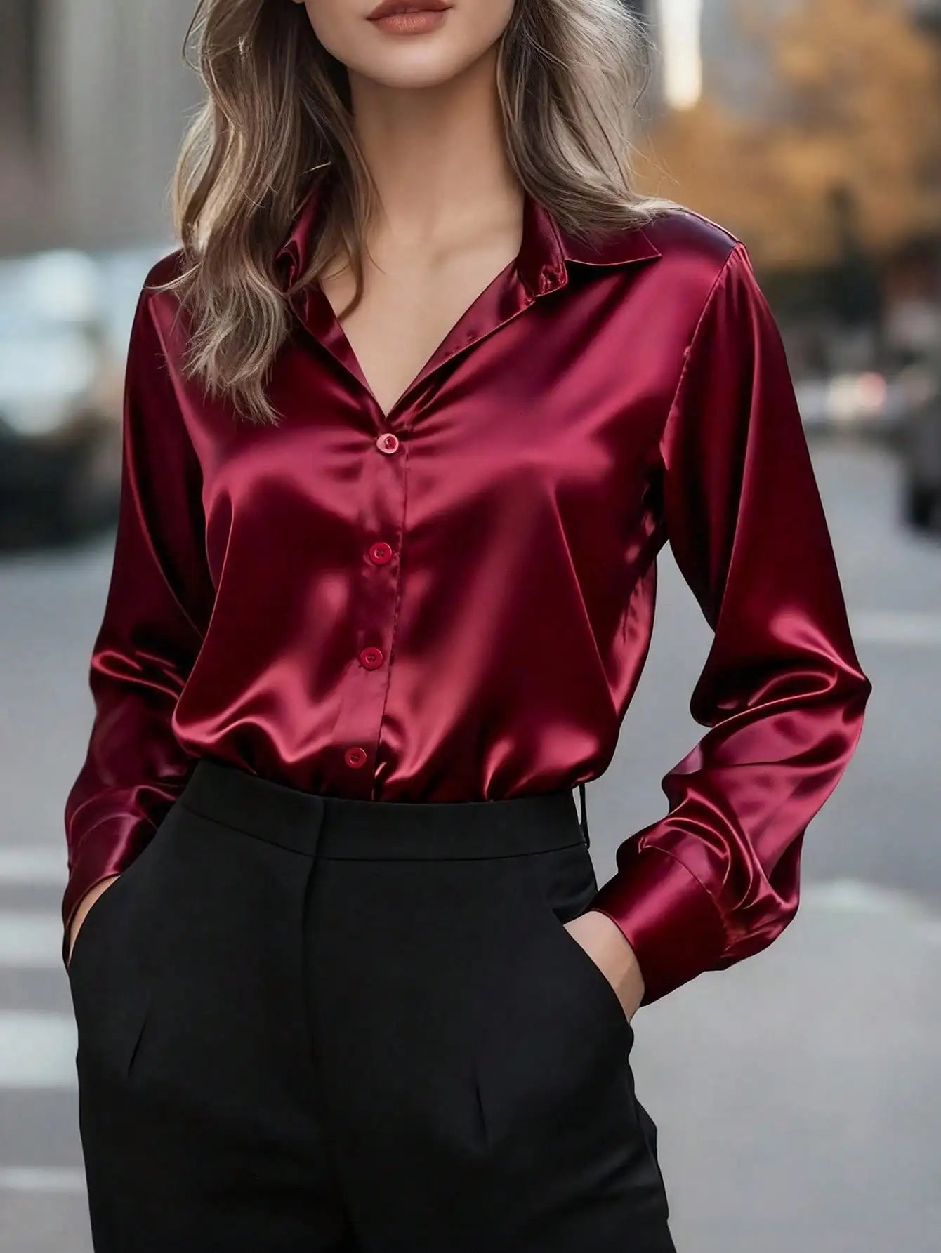 Women's Satin Button-Up Blouse, Elegant Collared Shirt for Office or Casual Wear, Autumn Winter Spring
