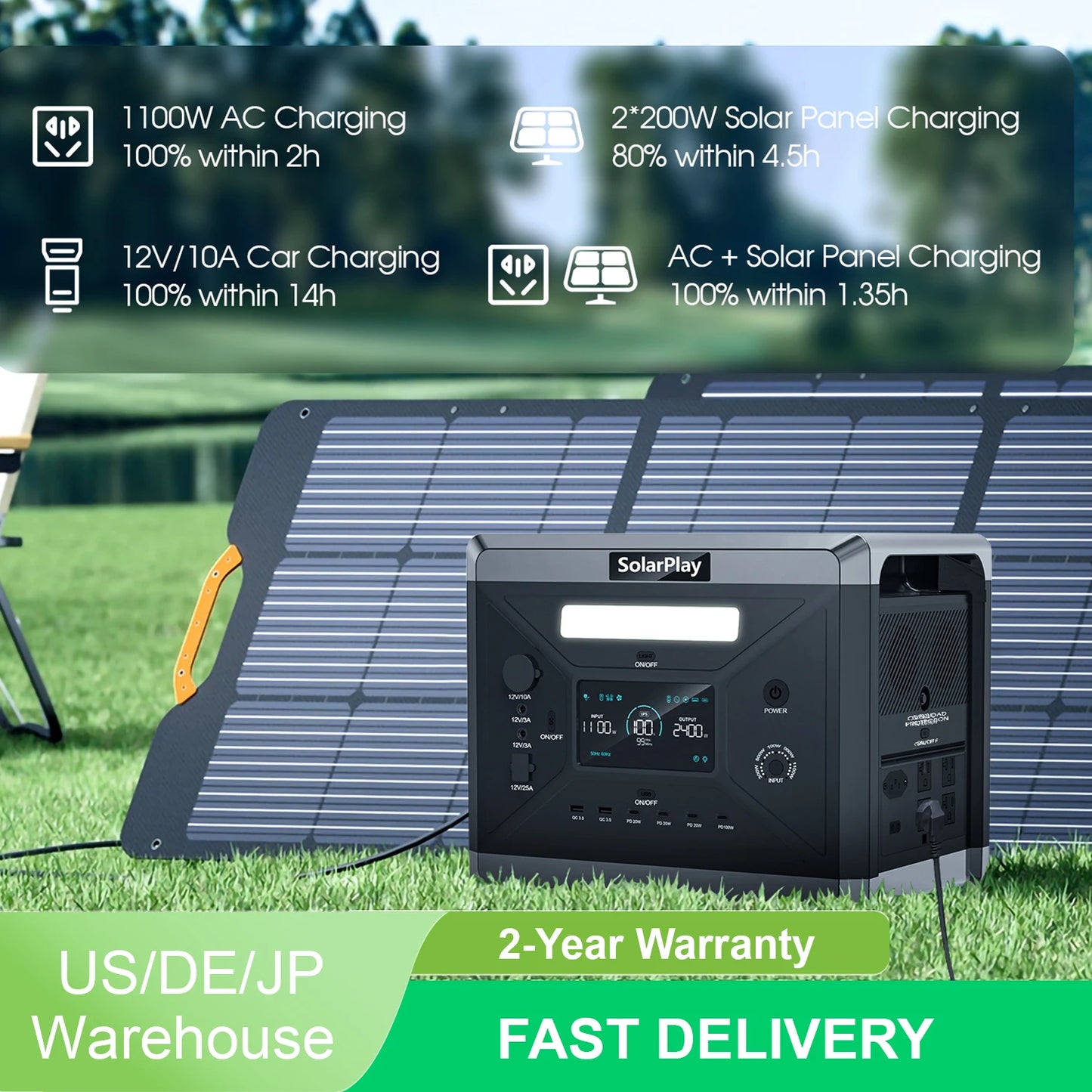 SOLARPLAY 2400W Powerstation Q2501 Energy Storage Foldable 200W Solar Panels Complete House Kit Photovoltaic System Outdoor Home