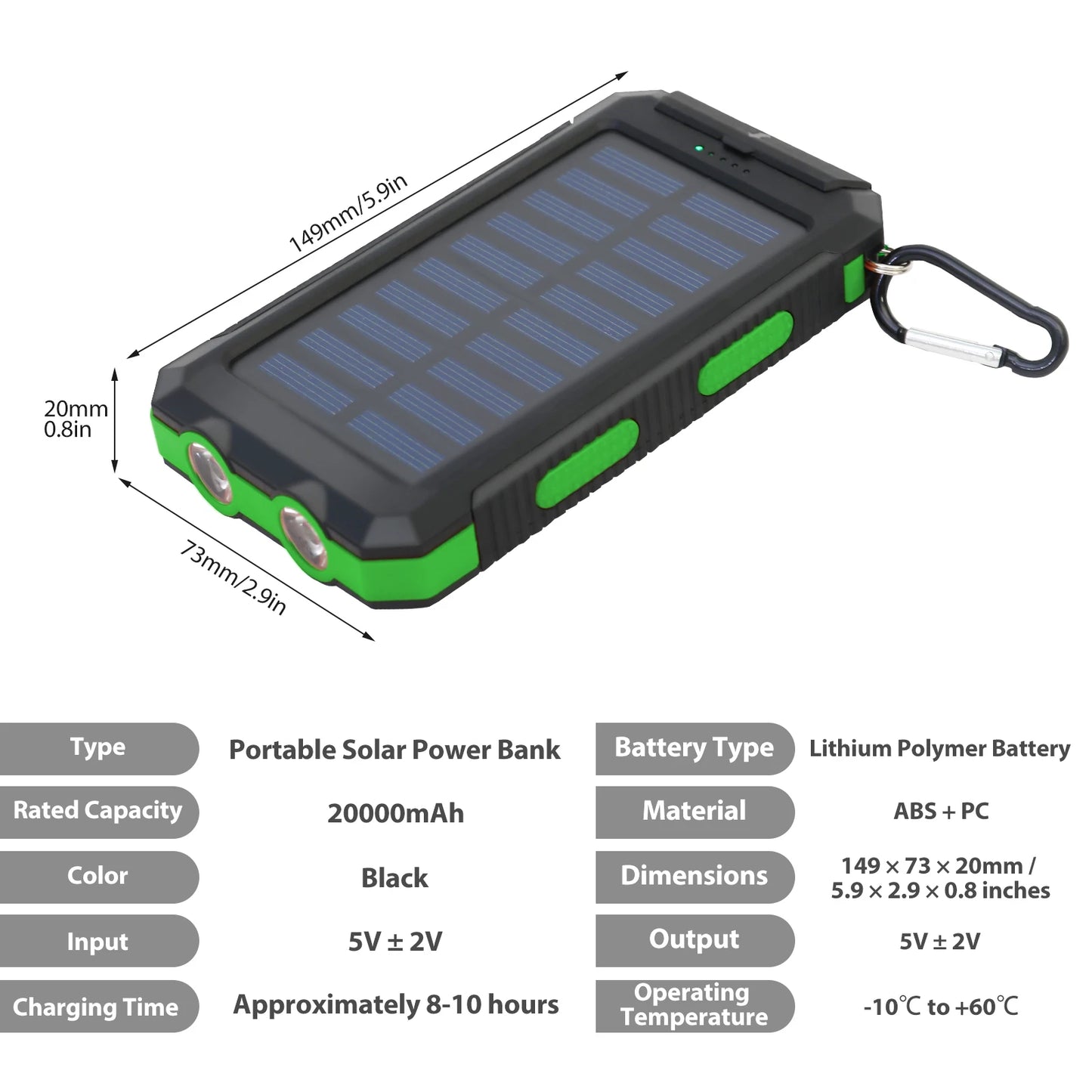 20000mAh Solar Charger Waterproof Portable Solar Power Bank Dual 5V USB Ports 2 LED Flashlight Compass for Outdoor Camping Hik
