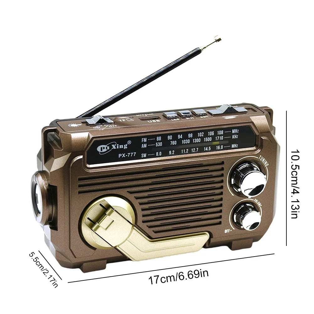PX-777 Multi-function SW AM FM Radio Hand Crank Emergency Solar Radio BT5.2 Wireless Speaker 1200mAh Rechargeable Portable Radio