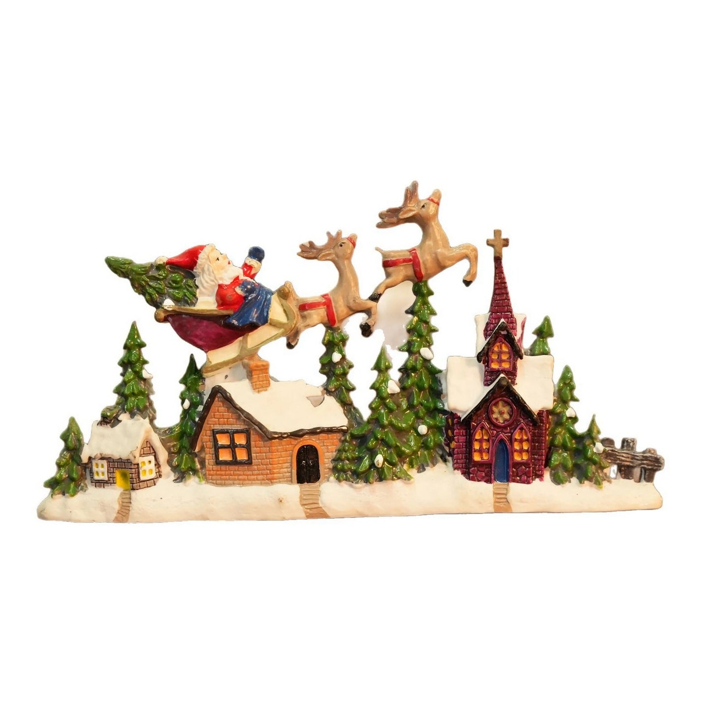 Christmas Santa Sleigh and Reindeer Snowy Village Scene Ornament Festive Micro Landscape Decoration for Home Tabletop Display