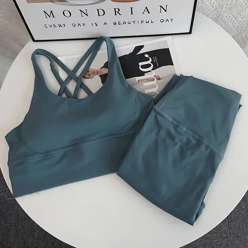 New 2 Piece Yoga Set Breathable Fitness Suit Cross Back Yoga Tops Peach Butt Yoga Pants Pilates Running Fitness Suit