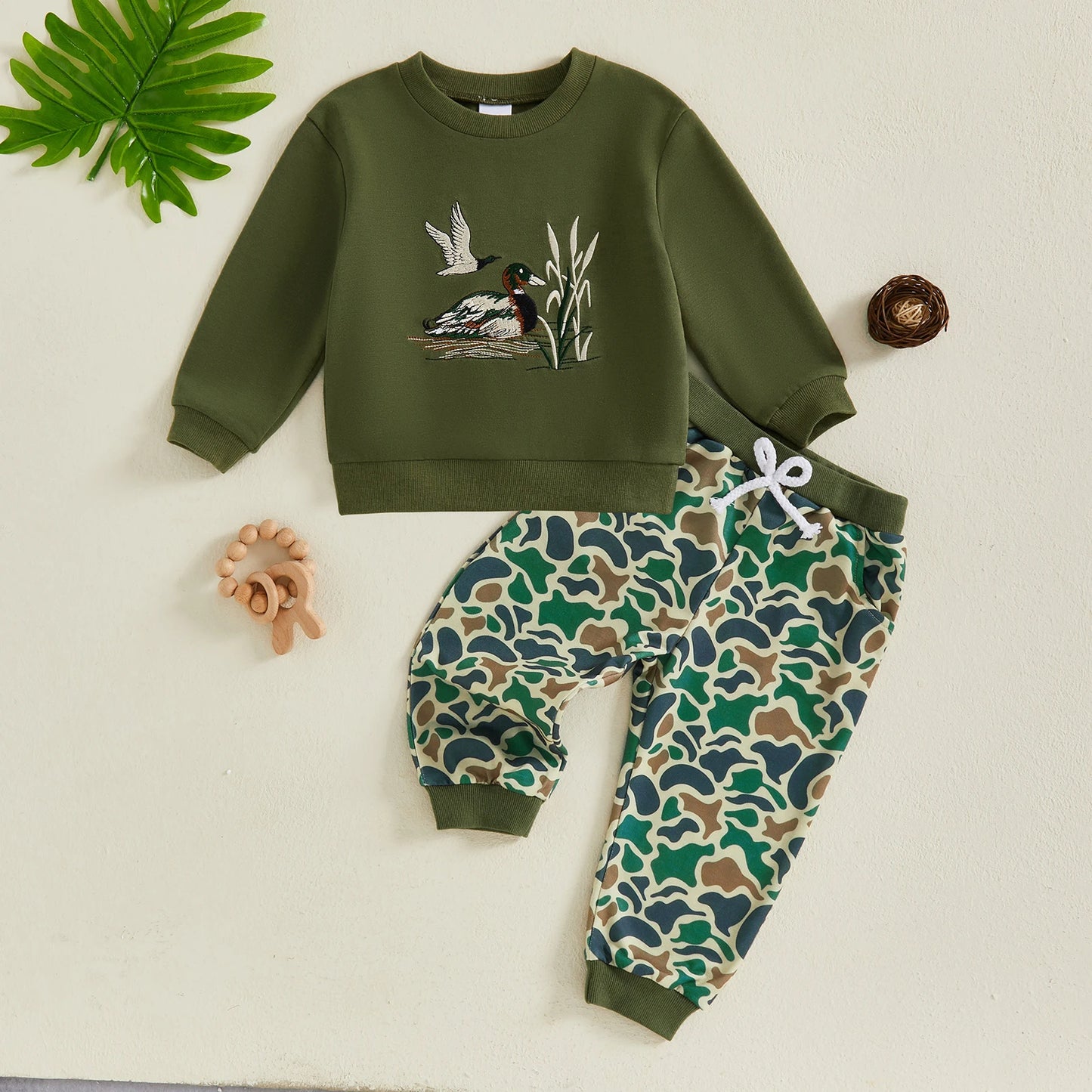 Cute Toddler Boy Autumn Clothes Set with Adorable Duck Embroidery Design on Long Sleeve Pullover and Matching Print Pants