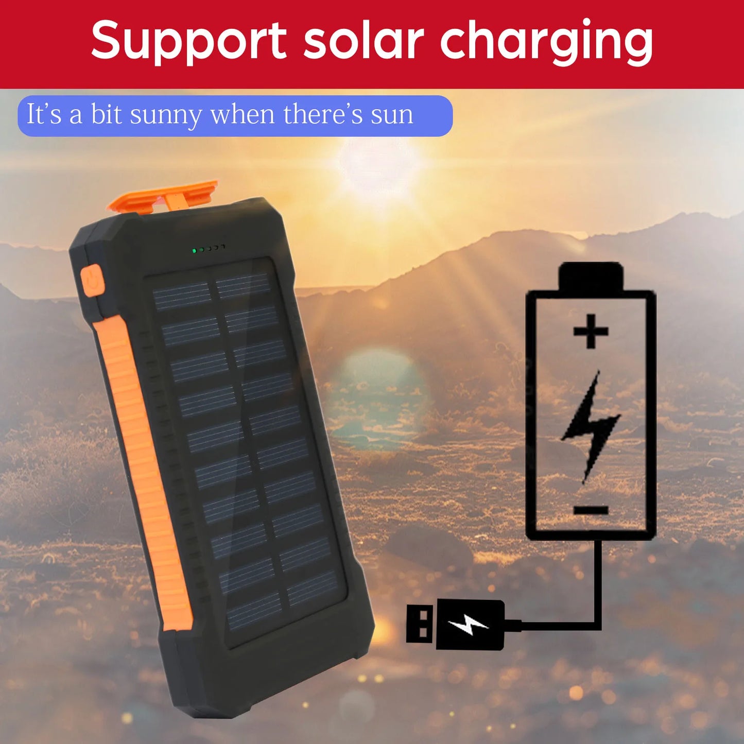 26800mAh Solar Power Bank Wireless Fast Charging 4 Wires PD18W Portable Waterproof with Flashlight For Outdoor iPhone Android