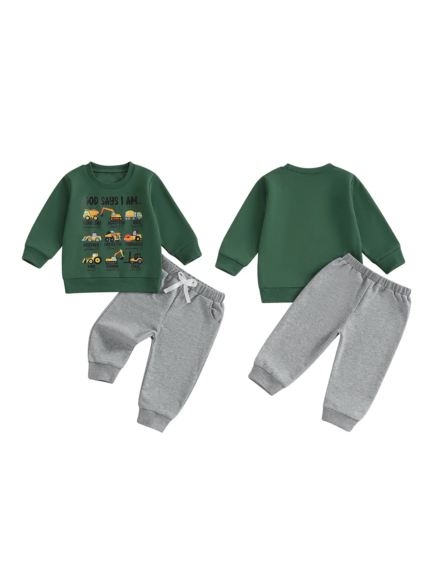 Infant Boy Autumn Clothing Set with Cute Car Patterned Crew Neck Sweatshirt and Matching Pants 2 Piece Outfit
