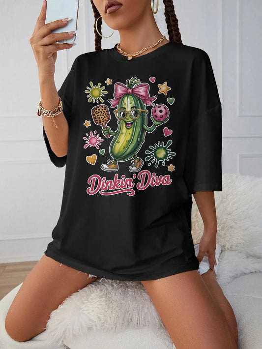 Pickleball Diva Pink Black Women's Maternity T-Shirt Round Neck Loose Fit Comfortable for Late Pregnancy Winter Wear