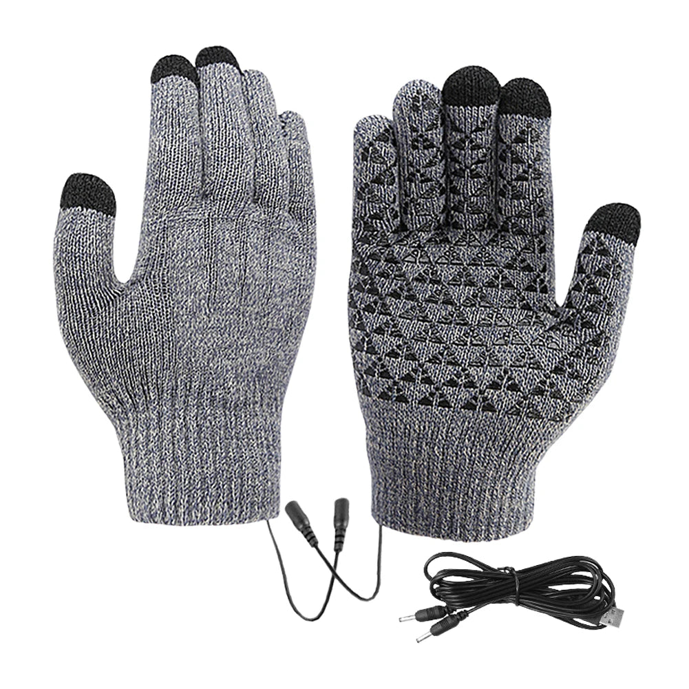 USB Heated Knitted Gloves Full Finger Gloves Non-Slip Touch Screen Gloves Thicken Thermal Knitting Mitts for Outdoor Sports