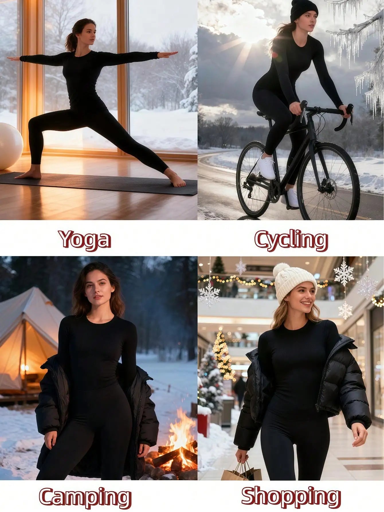 4-Pack Women's Thermal Underwear Set - Long Sleeve Top & Leggings for Winter Skiing, Outdoor Activities
