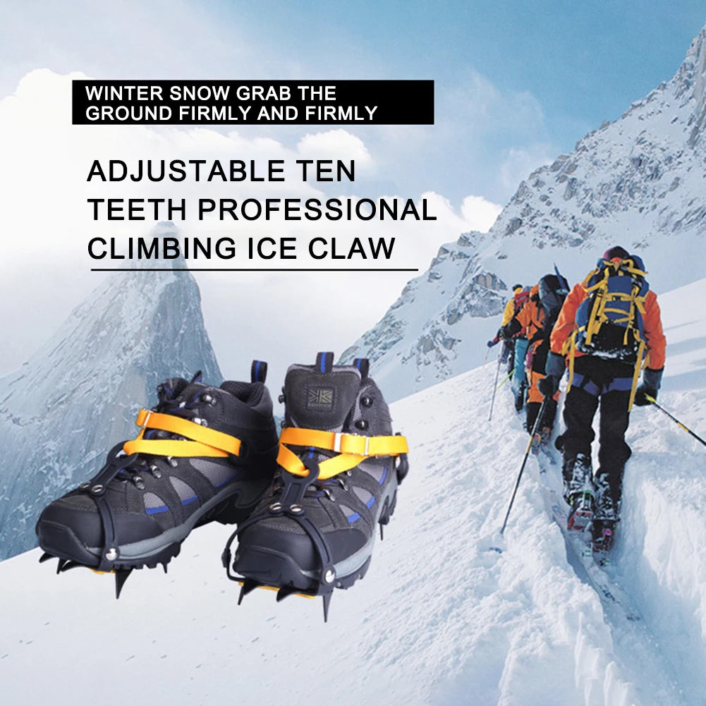 1 Pair New Mountaineering Cleats Stainless Steel 10 Teeth Bundled Crampons Anti-Slip with Carry Bag Adjustable for Men and Women