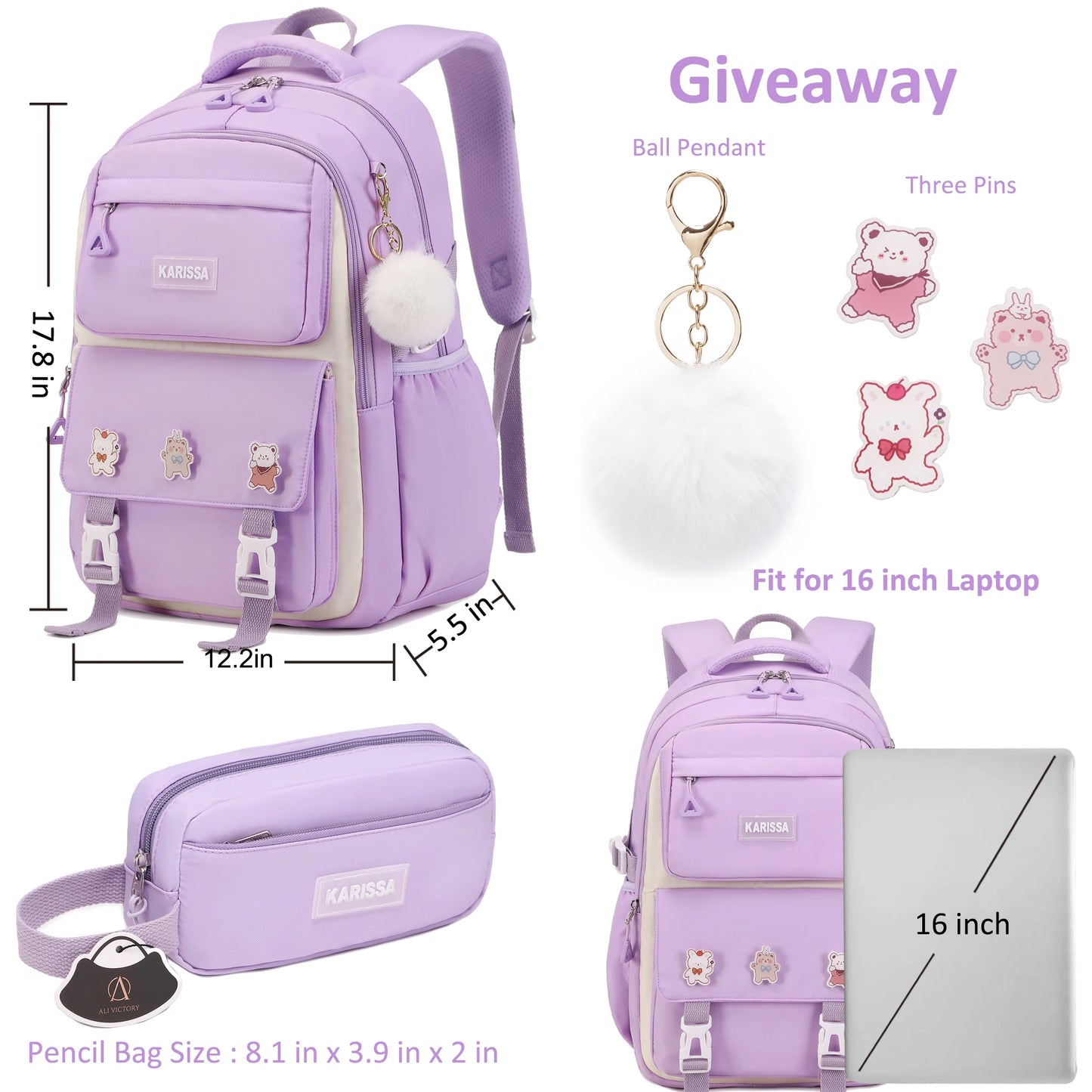 Backpack for Women Girls Set with Pencil Case 15.6 Inch Laptop School Bag Kids Elementary College Backpacks