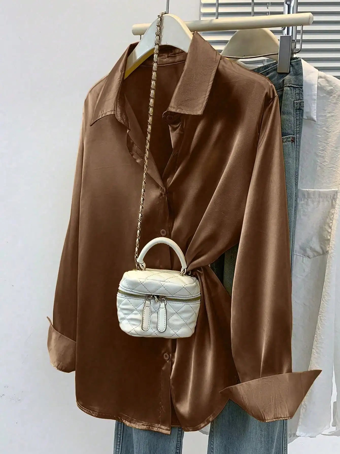 Women's Satin Button-Up Blouse, Elegant Collared Shirt for Office or Casual Wear, Autumn Winter Spring