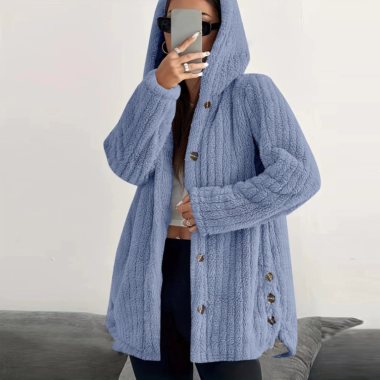 Button Hooded Jacket Plush Top Irregular Trendy Brand Solid Color Jacket For Women Feather Coats Parkas Women'S Coat Winter Jack