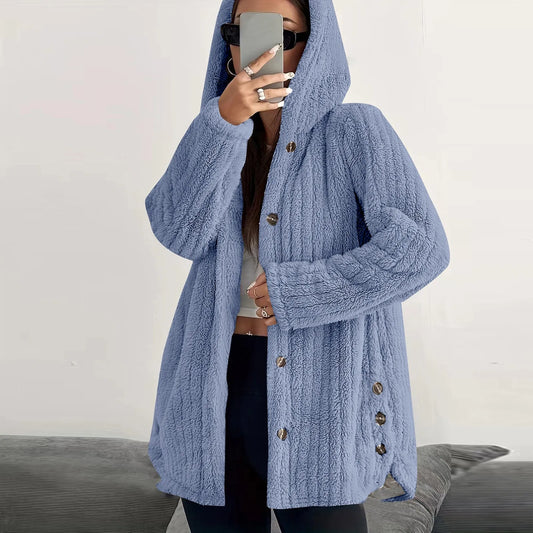 Button Hooded Jacket Plush Top Irregular Trendy Brand Solid Color Jacket For Women Feather Coats Parkas Women'S Coat Winter Jack