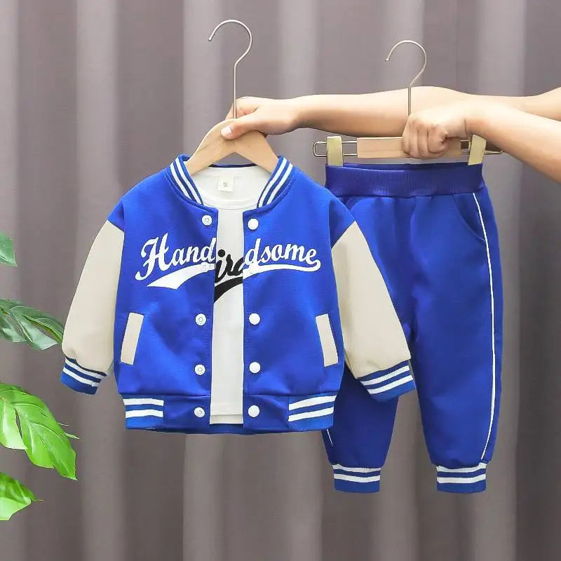 Boys' autumn letter baseball single-breasted jacket+round neck printed cotton long sleeve+striped sweatpants 3Pcs suit