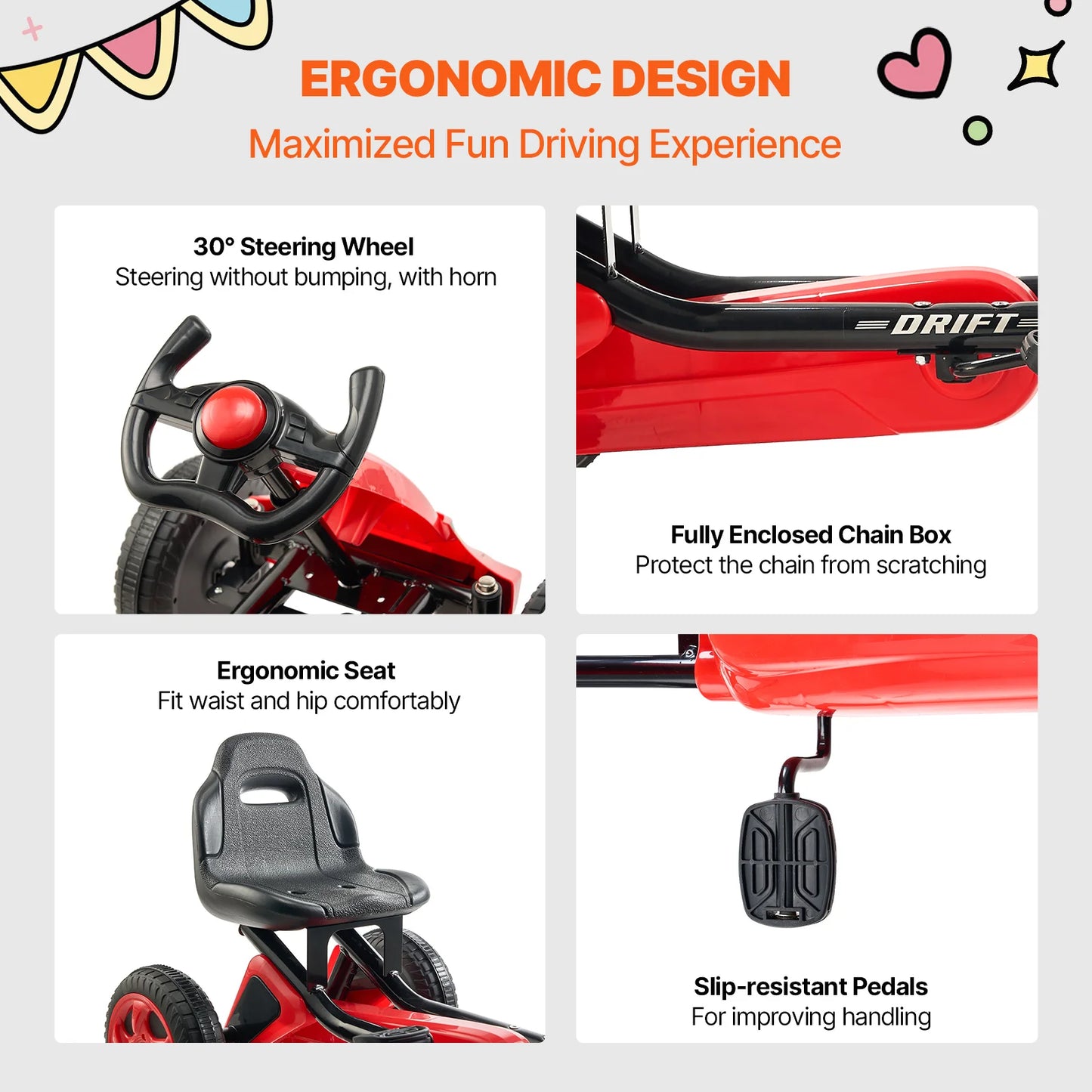 SucceBuy 66lbs Kids Pedal Go Kart 4 Wheel Off-Road Pedal Ride On Toys with Adjustable Seat Outdoor Racer Pedal Car for Boys