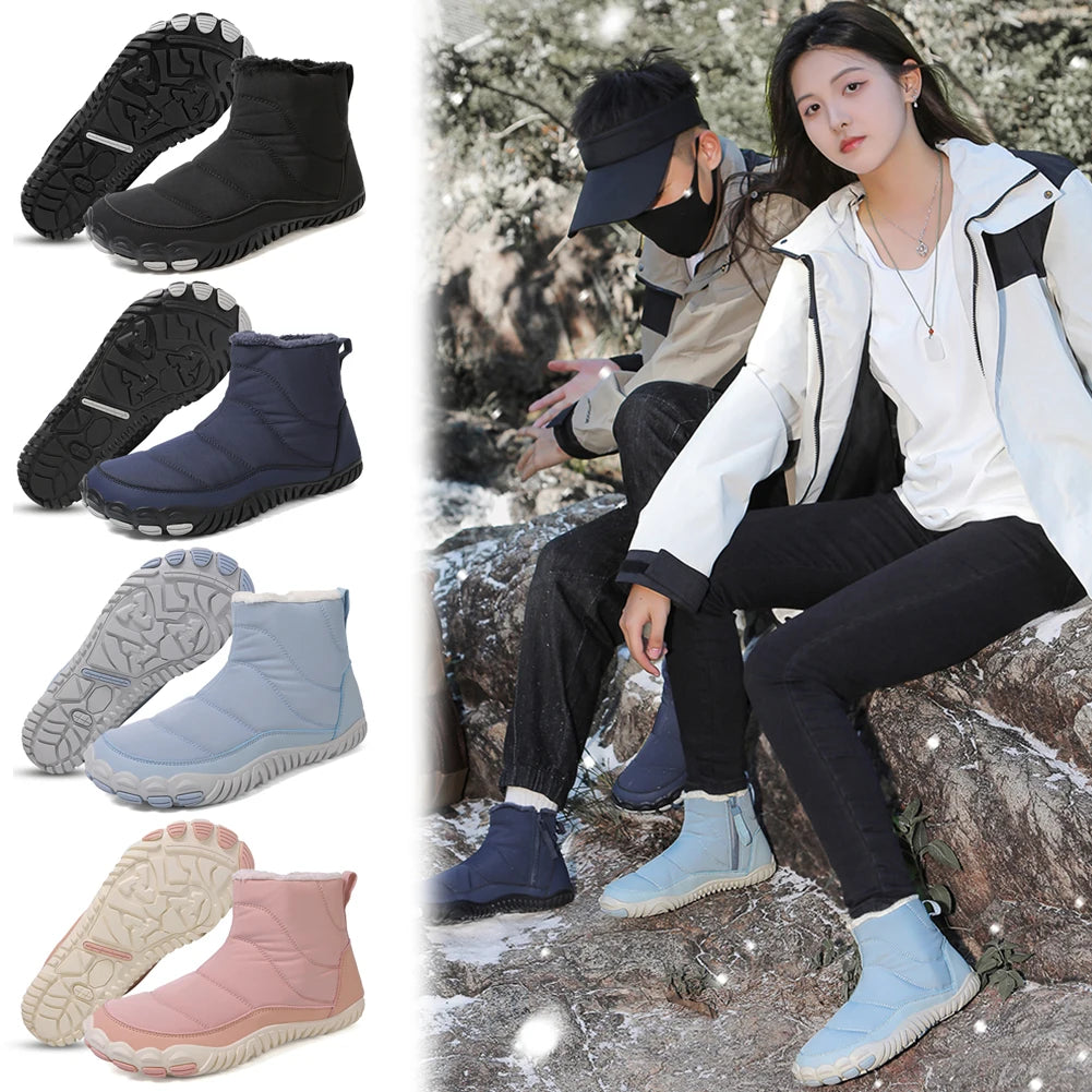 Winter Snow Boots Minimalist Barefoot Trainers Waterproof Casual Ankle Boots Zip Closure Trail Running Shoes for Hiking Climbing