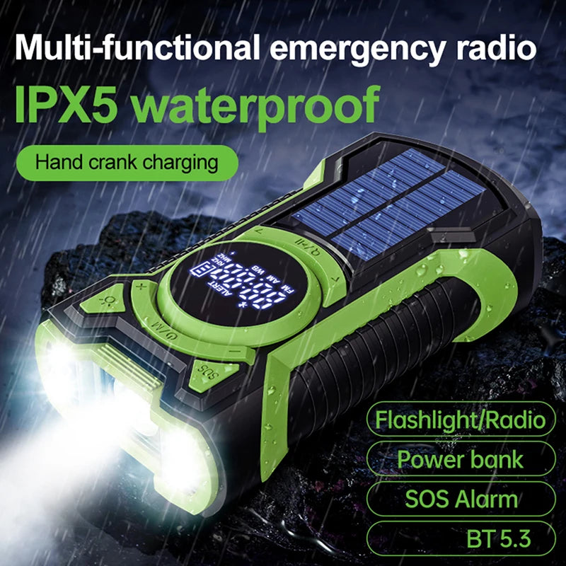 Solar AM/FM/NOAA Weather Radio Waterproof Hand Crank 5000mAh Bluetooth-Compatible5.3 Phone Charger SOS Alarm for Outdoor Camping