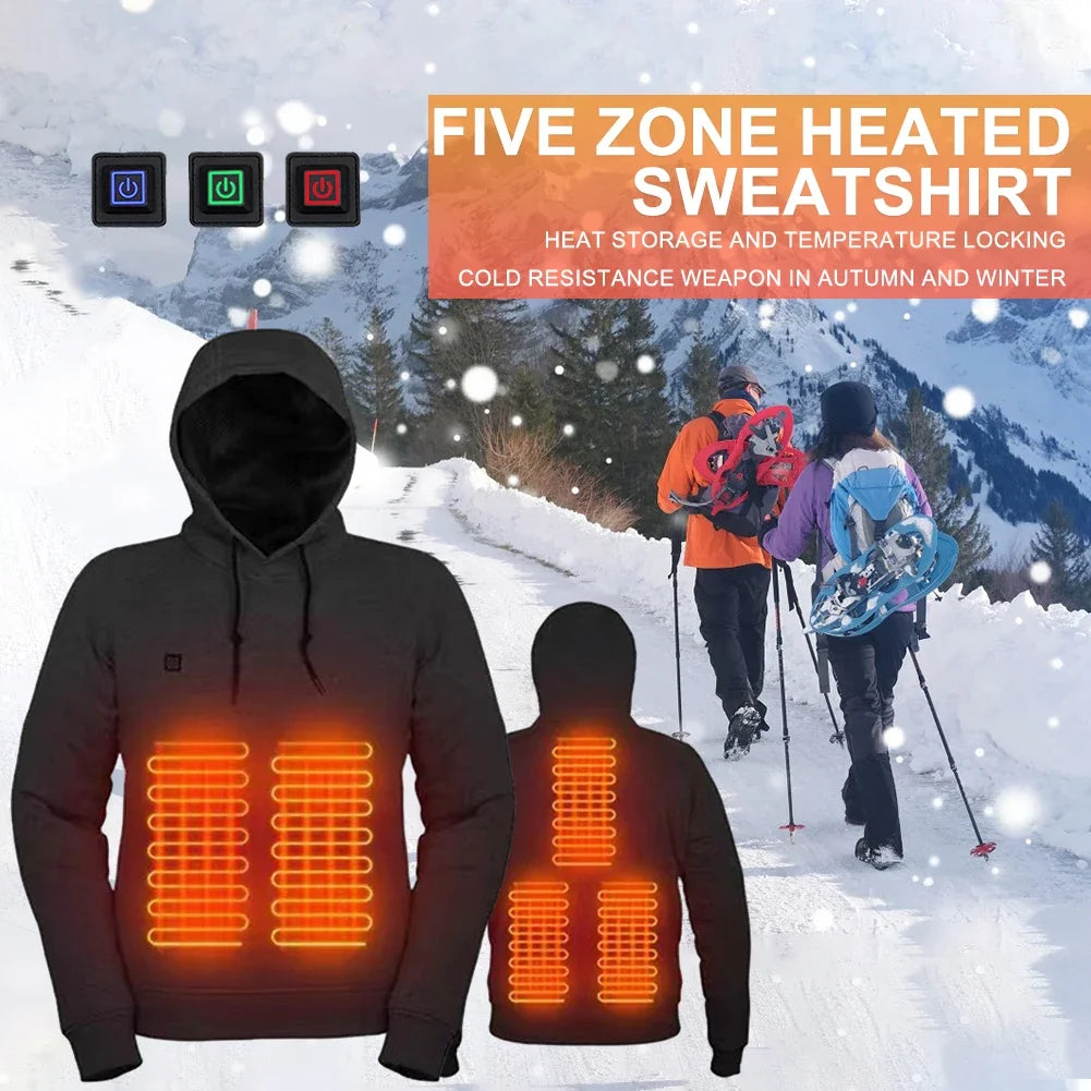 Men Women USB Heating Hoodies USB Rechargeable Long Sleeve Streetwear Loose Coats 3 Heat Levels for Camping Outdoor Work Fishing
