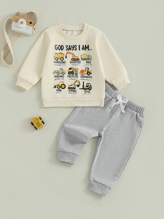 Infant Boy Autumn Clothing Set with Cute Car Patterned Crew Neck Sweatshirt and Matching Pants 2 Piece Outfit